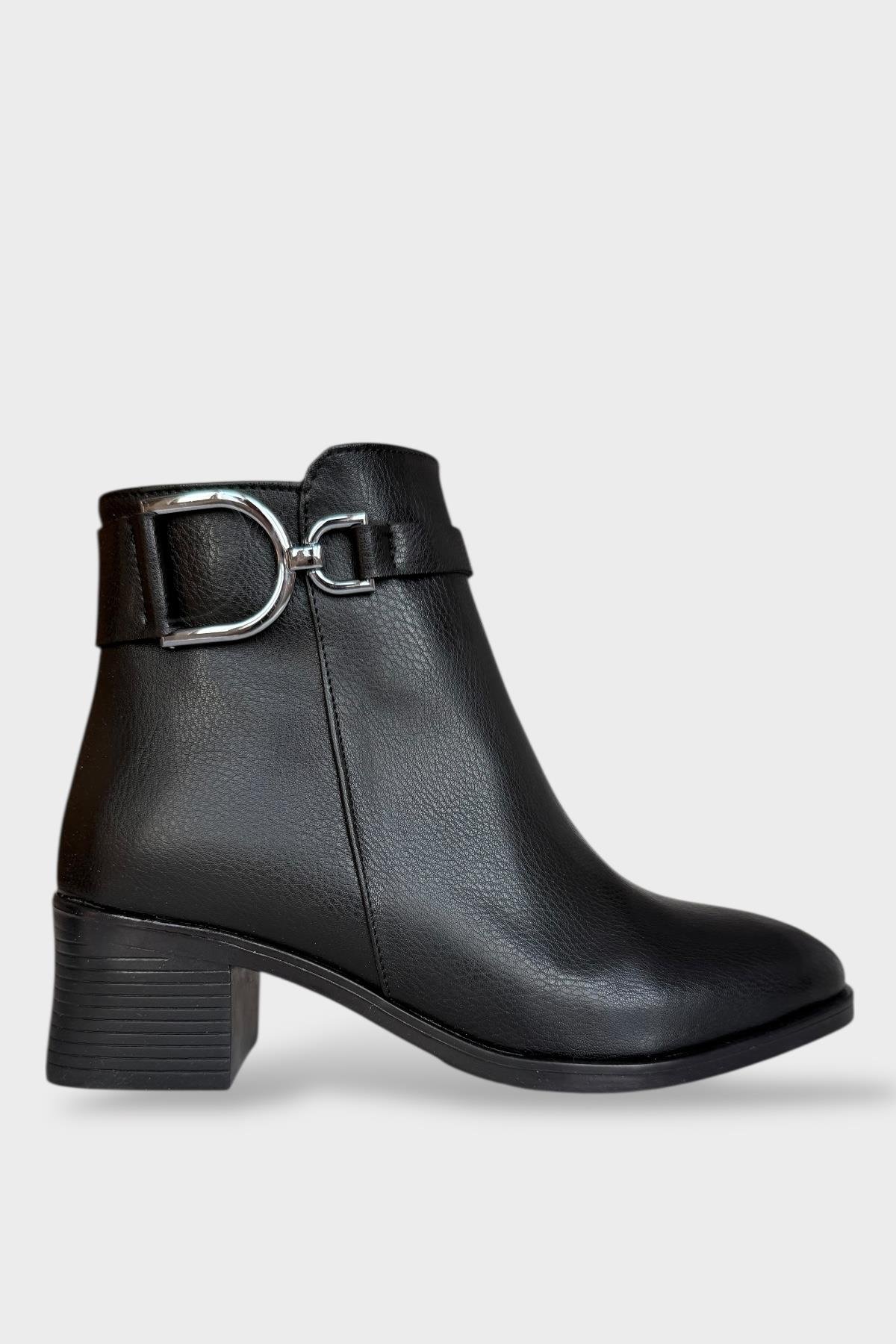 Toka Detaylı Topuklu Fermuarlı Kadın Bot SİYAH - GÜMÜŞ - Görsel 2