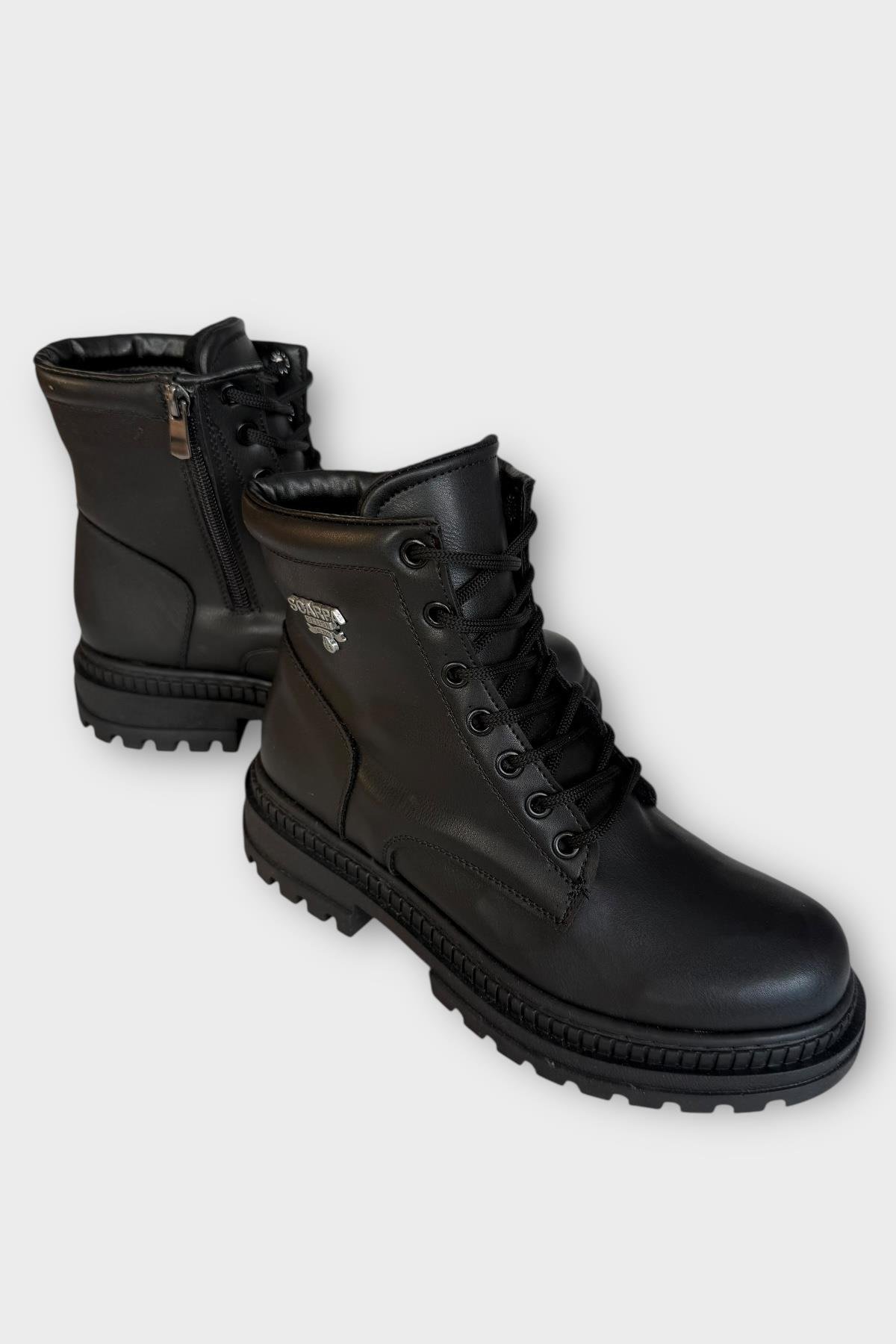 Kalın Taban Bağcıklı Fermuarlı Kadın Bot SİYAH - Görsel 4