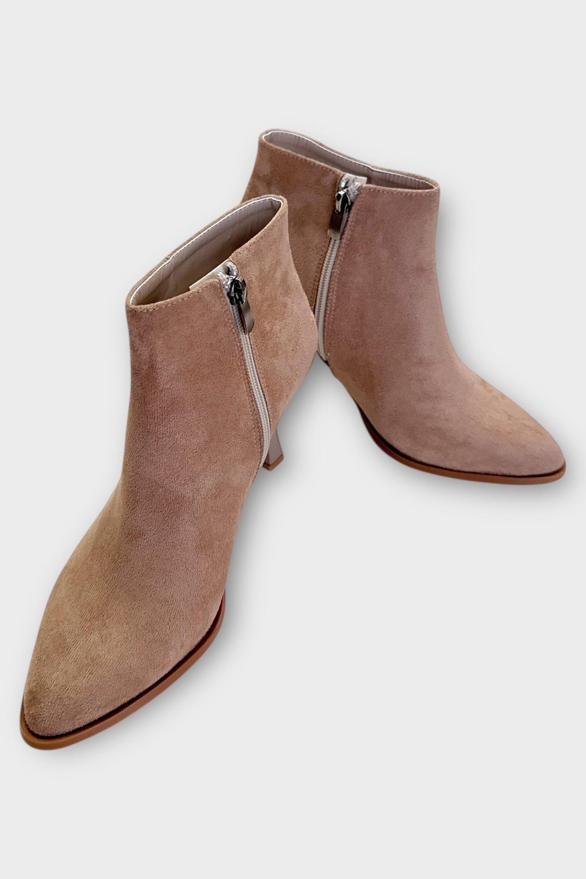 Topuklu Fermuarlı Kadın Bot (8 Cm) VİZON - Görsel 5