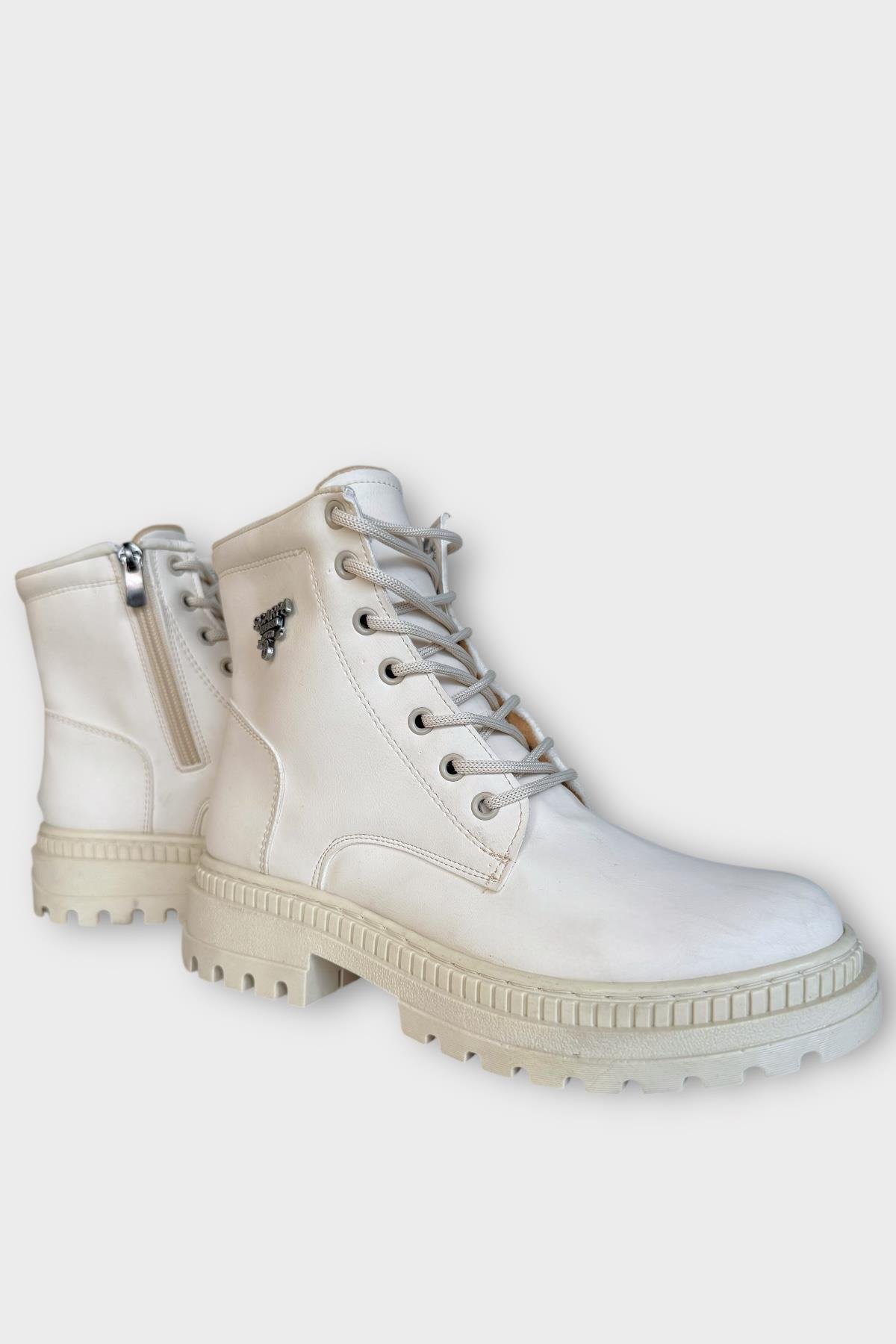 Kalın Taban Bağcıklı Fermuarlı Kadın Bot KREM - Görsel 3