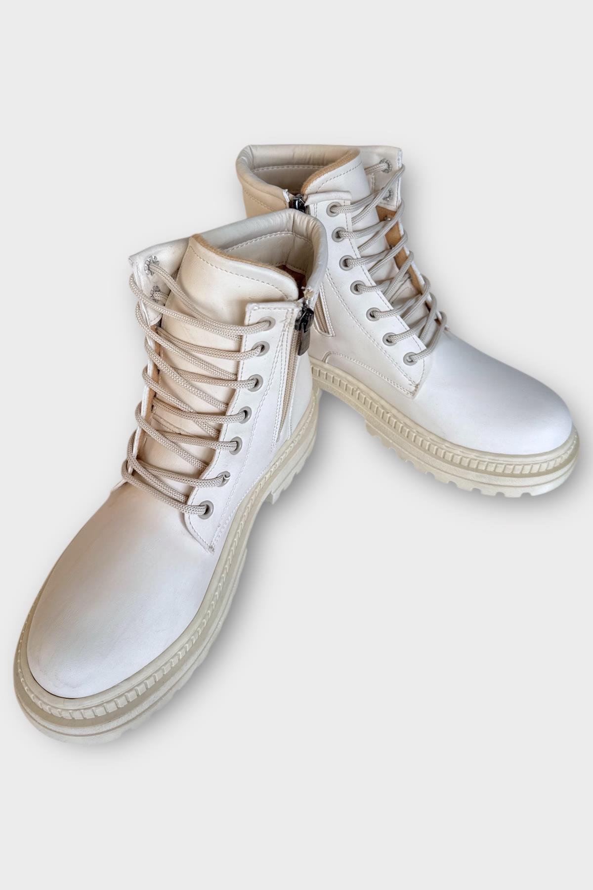 Kalın Taban Bağcıklı Fermuarlı Kadın Bot KREM - Görsel 5