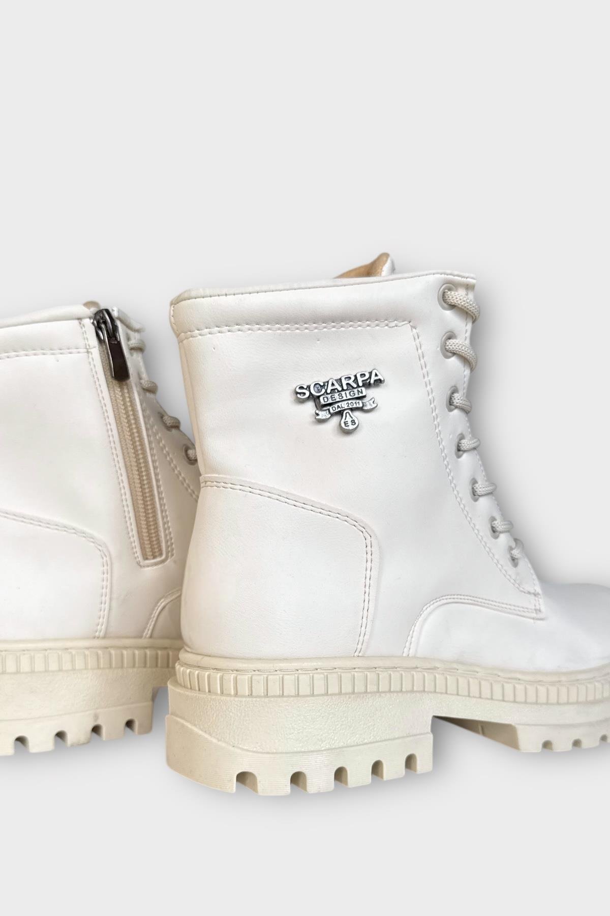 Kalın Taban Bağcıklı Fermuarlı Kadın Bot KREM - Görsel 6