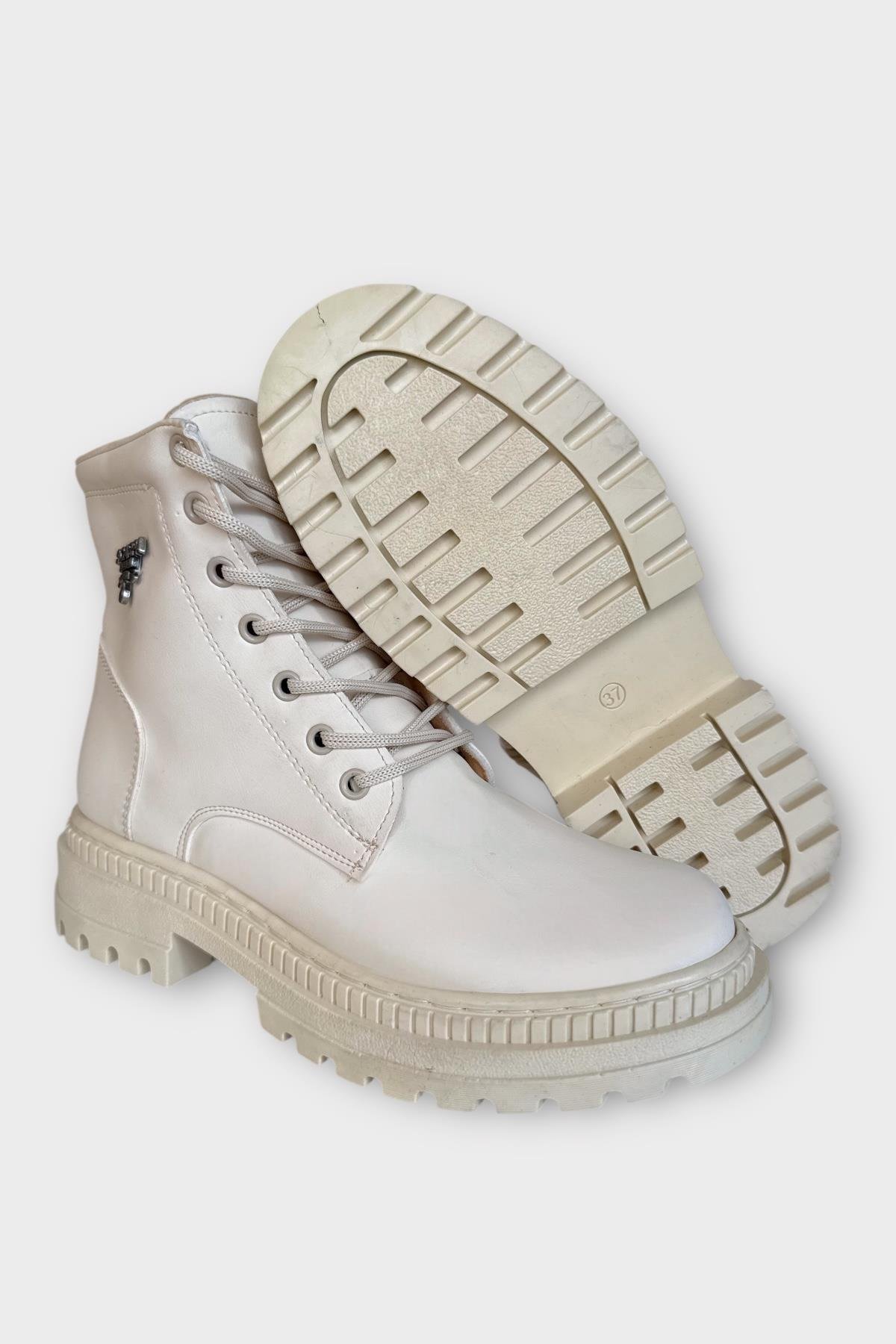 Kalın Taban Bağcıklı Fermuarlı Kadın Bot KREM - Görsel 7