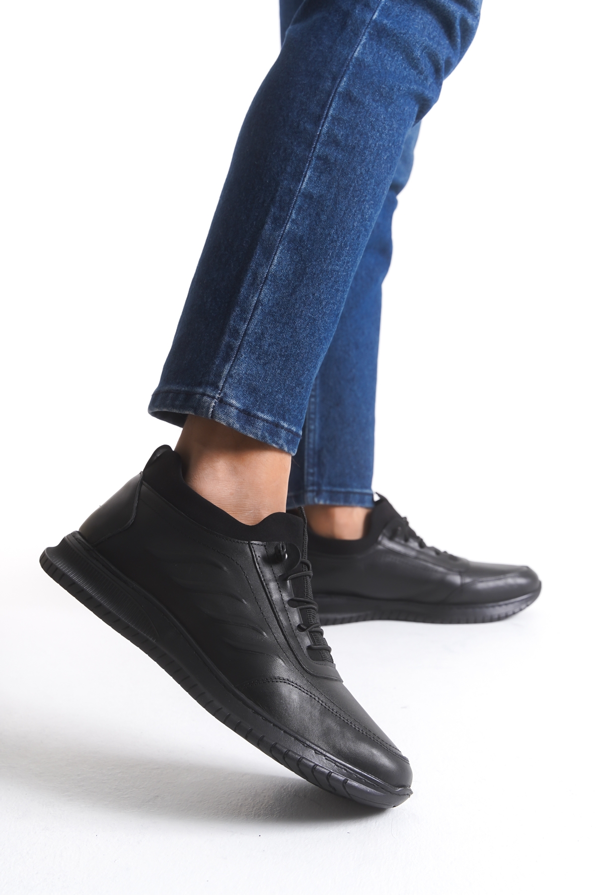 027 Erkek Hakiki Deri Lastikli Ayakkabı Siyah - Görsel 3