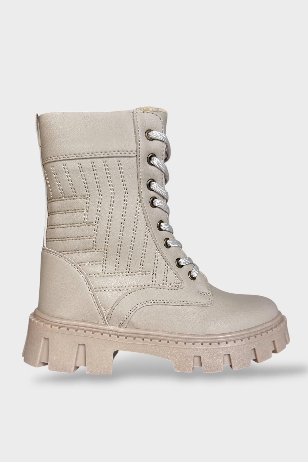 Kışlık Bağcıklı Fermurlı Uzun Kadın Bot BEJ - Görsel 2