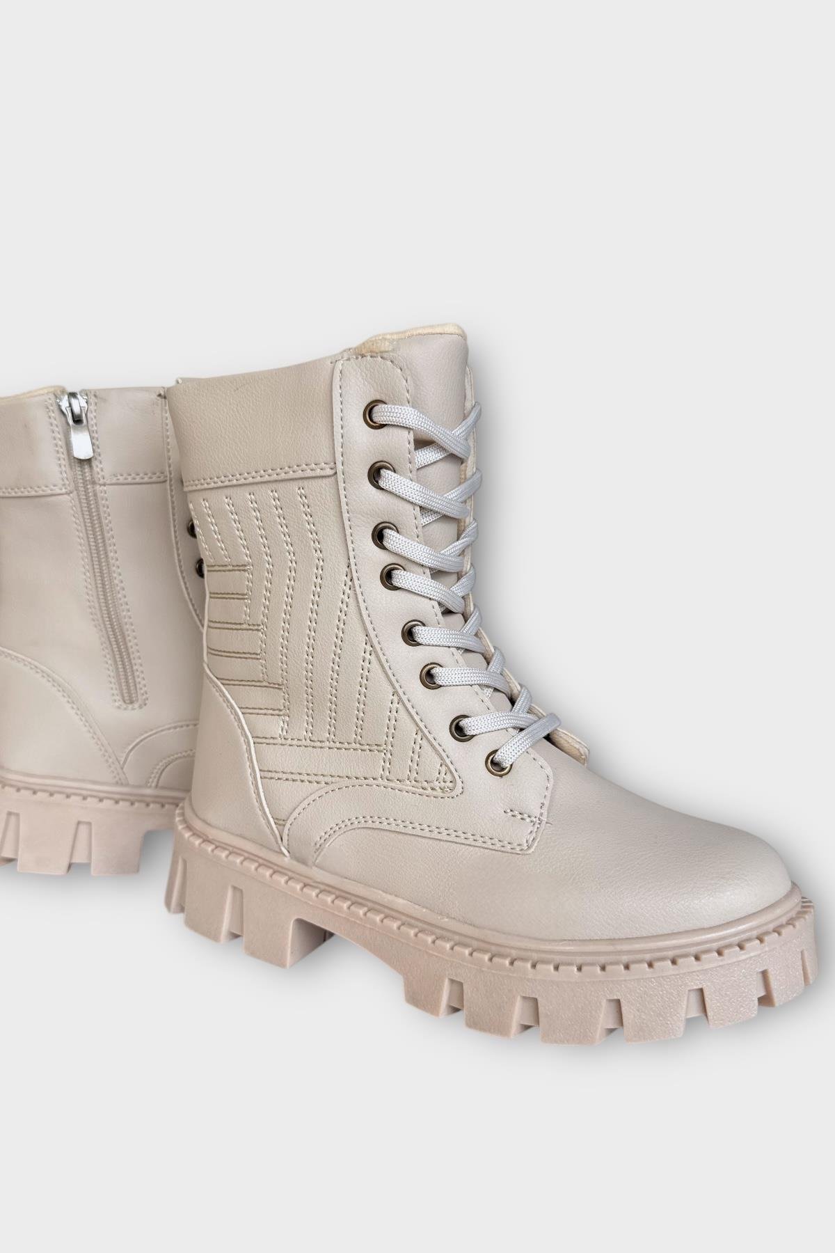 Kışlık Bağcıklı Fermurlı Uzun Kadın Bot BEJ - Görsel 3