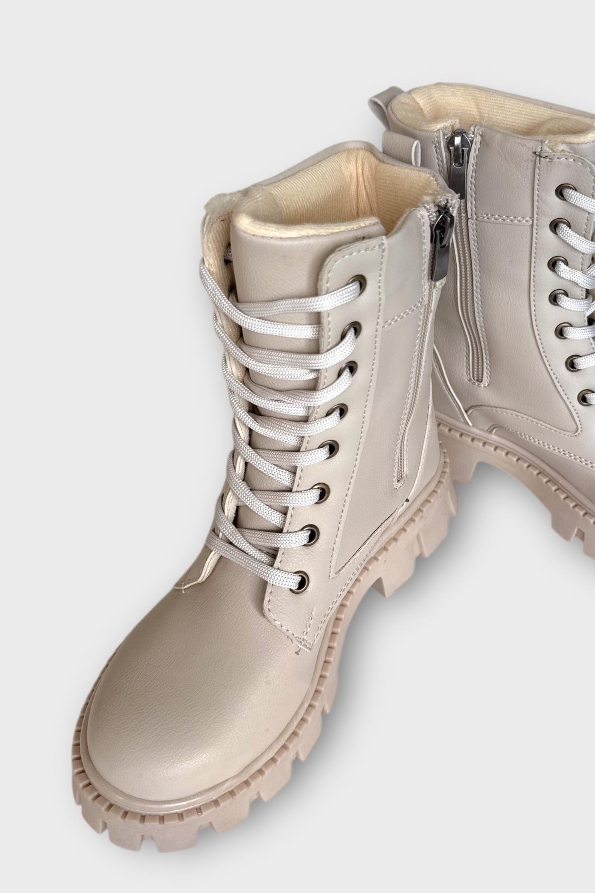 Kışlık Bağcıklı Fermurlı Uzun Kadın Bot BEJ - Görsel 5