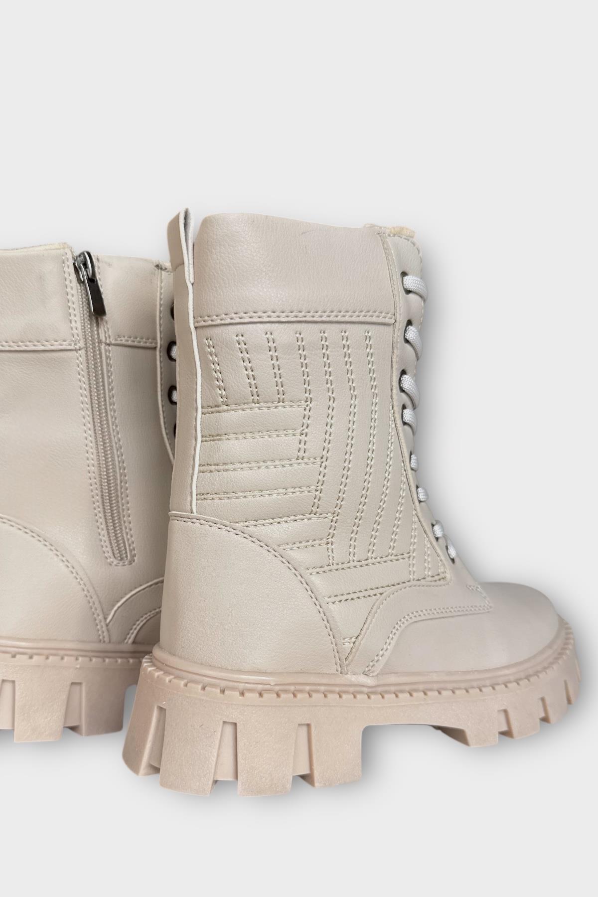 Kışlık Bağcıklı Fermurlı Uzun Kadın Bot BEJ - Görsel 6