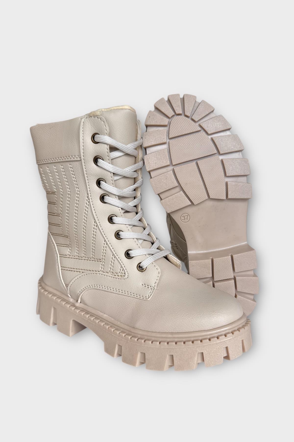 Kışlık Bağcıklı Fermurlı Uzun Kadın Bot BEJ - Görsel 7