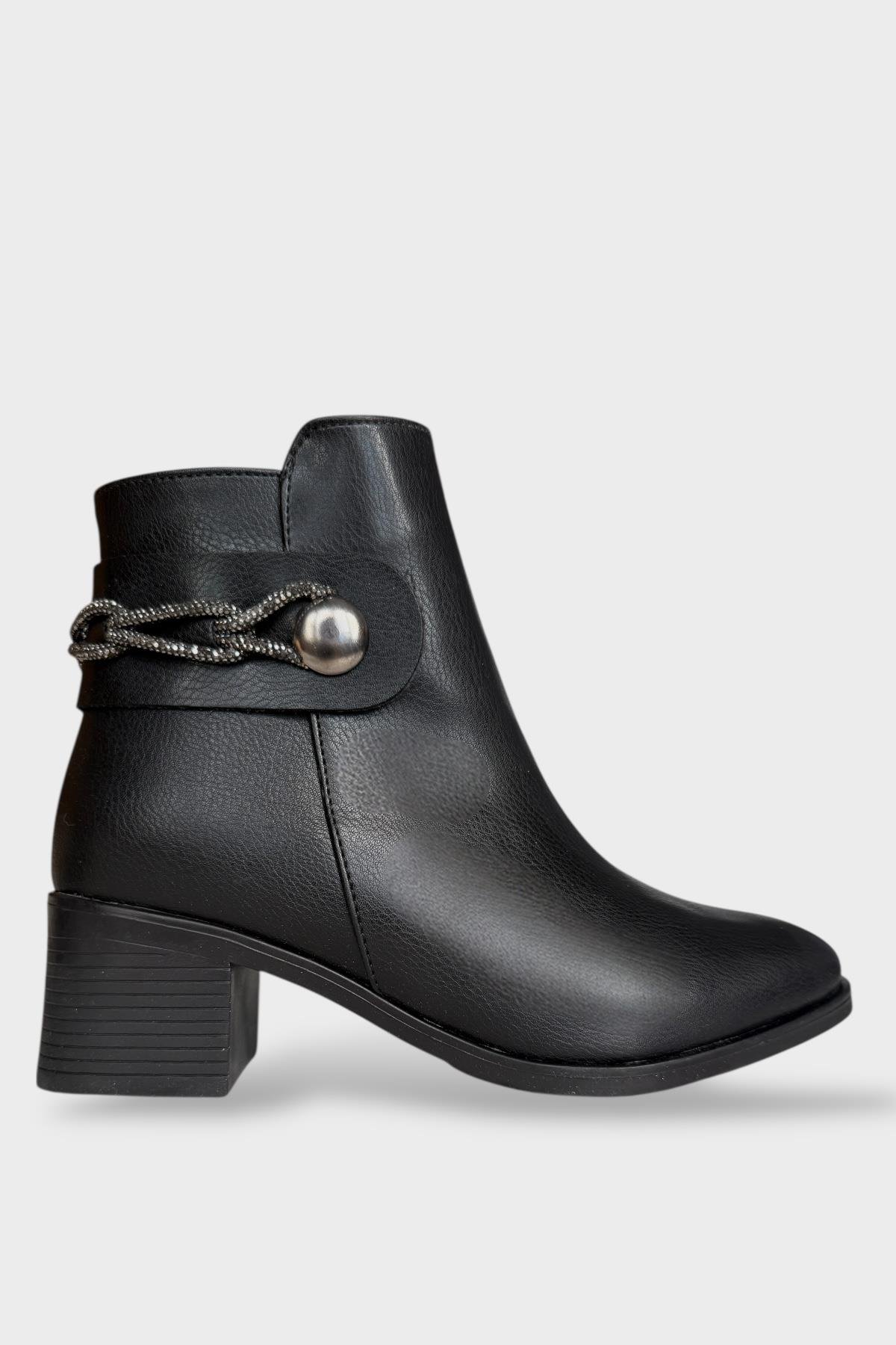 Kadın Taş Zincir Detaylı Topuklu Kadın Bot SİYAH - GÜMÜŞ - Görsel 2