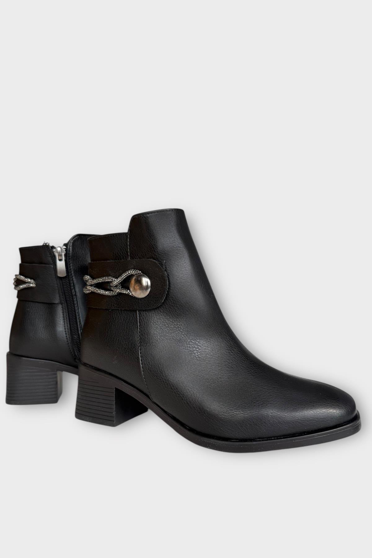 Kadın Taş Zincir Detaylı Topuklu Kadın Bot SİYAH - GÜMÜŞ - Görsel 3