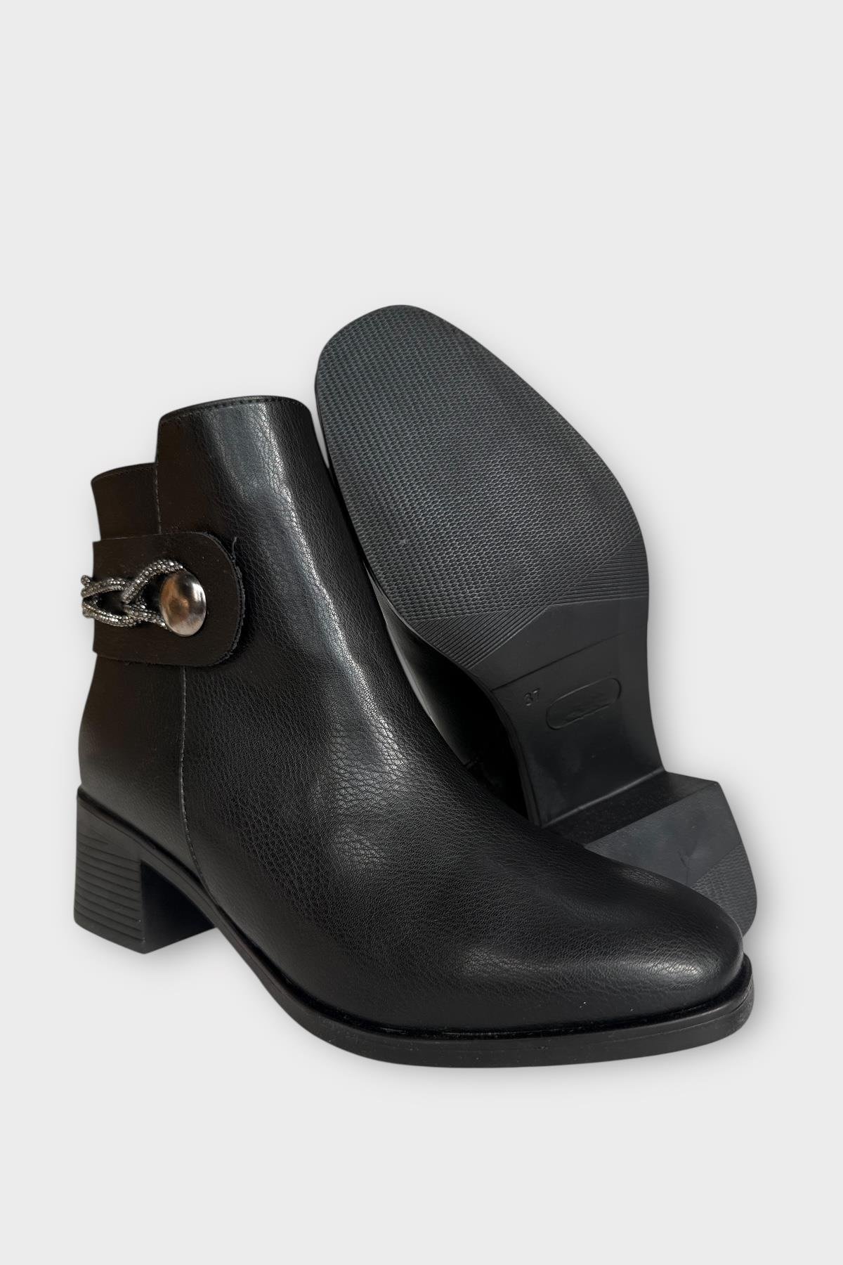 Kadın Taş Zincir Detaylı Topuklu Kadın Bot SİYAH - GÜMÜŞ - Görsel 7