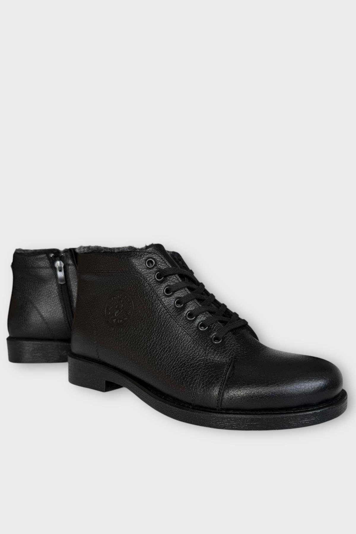 Erkek Hakiki Deri İçi Kürklü Kaydırmaz Kauçuk Taban Fermuarlı Bot SİYAH - Görsel 3