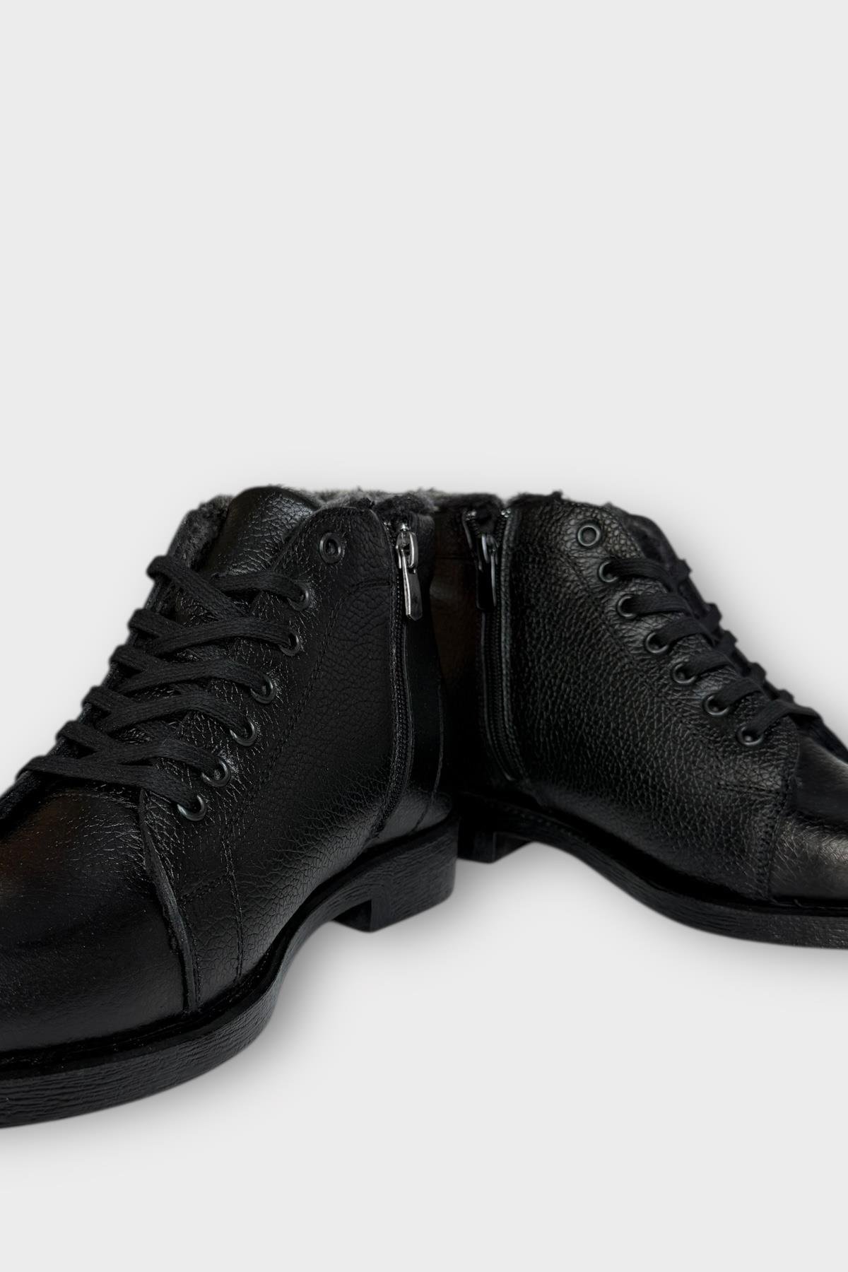 Erkek Hakiki Deri İçi Kürklü Kaydırmaz Kauçuk Taban Fermuarlı Bot SİYAH - Görsel 4