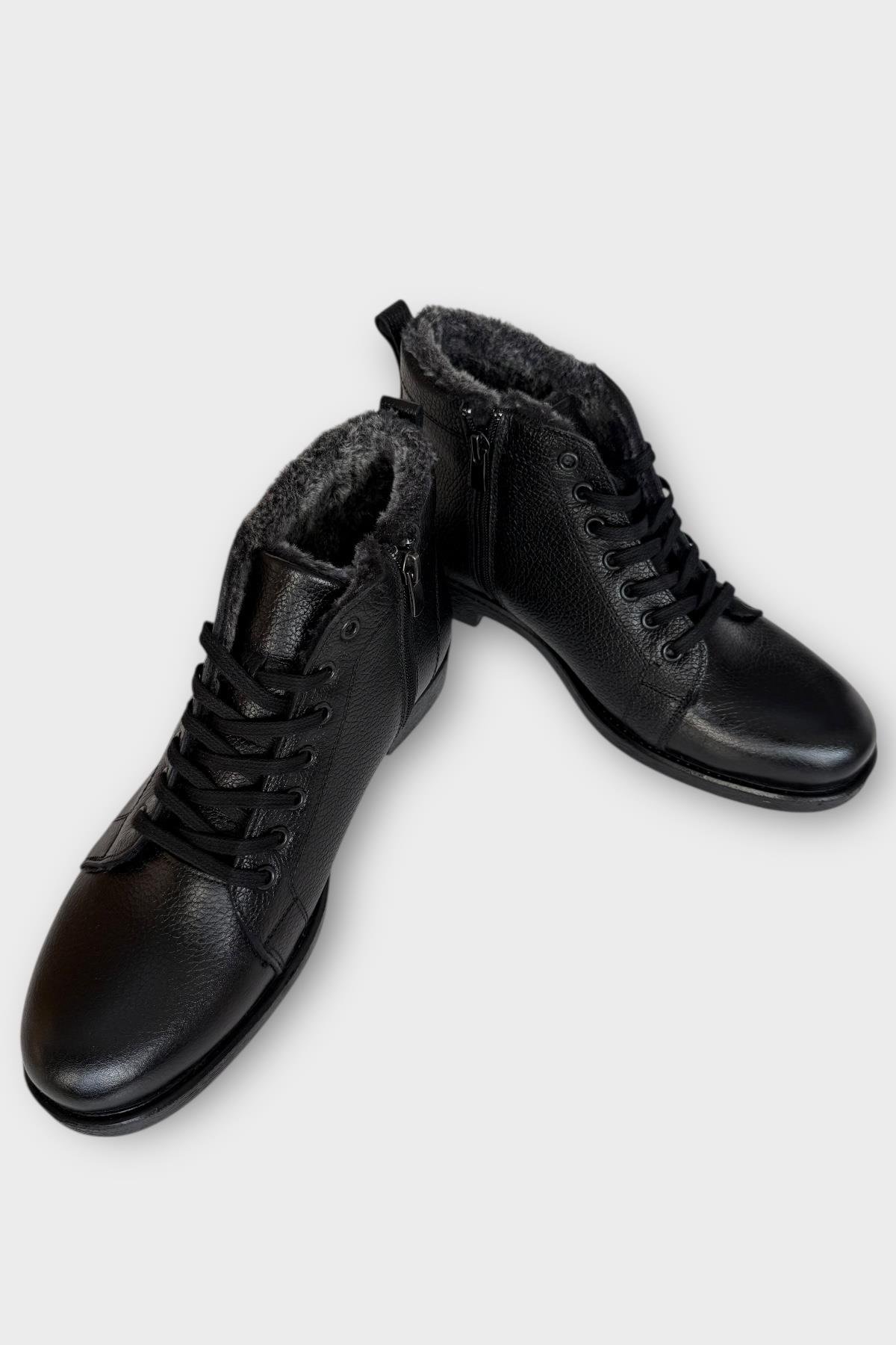 Erkek Hakiki Deri İçi Kürklü Kaydırmaz Kauçuk Taban Fermuarlı Bot SİYAH - Görsel 5