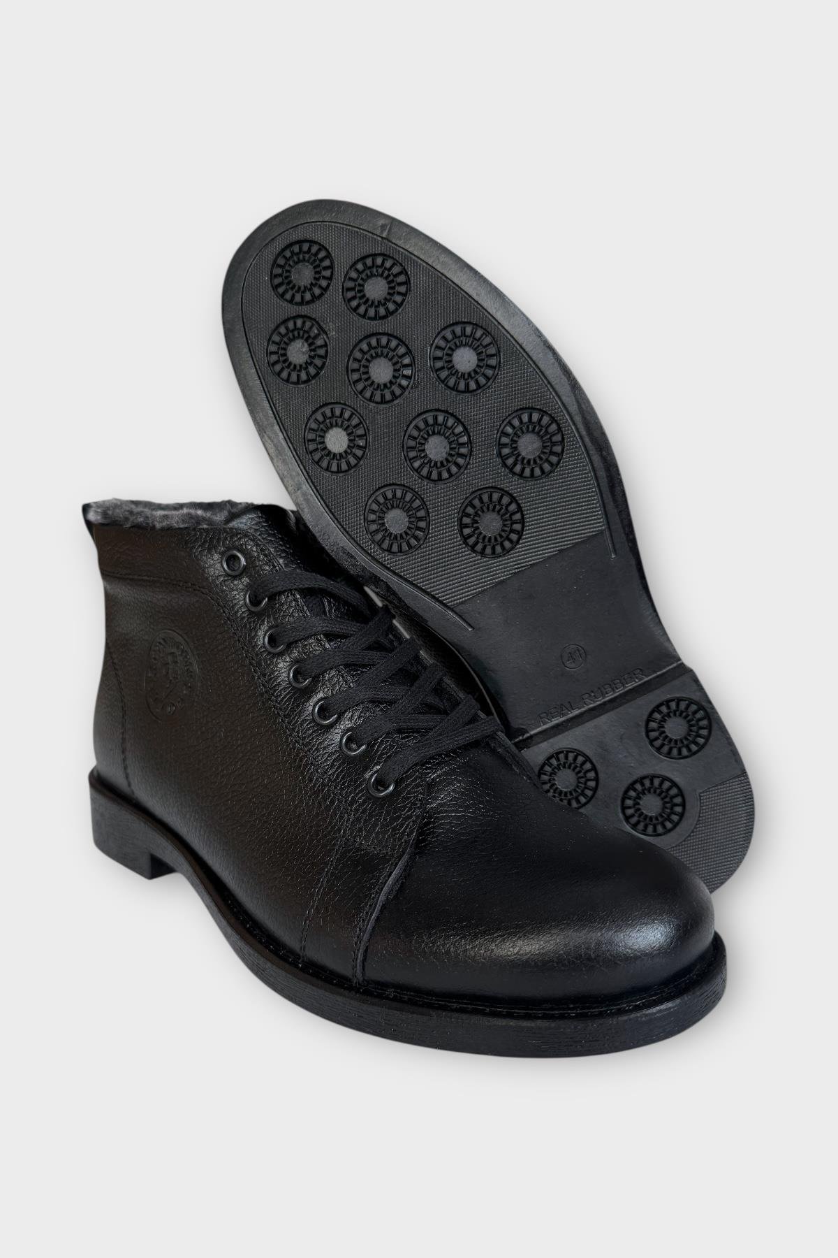 Erkek Hakiki Deri İçi Kürklü Kaydırmaz Kauçuk Taban Fermuarlı Bot SİYAH - Görsel 7