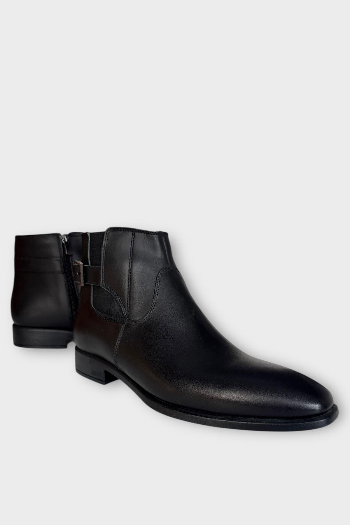 Hakiki Deri Kaydırmaz Kauçuk Taban Fermuarlı Sivri Burun Klasik Erkek Bot SİYAH - Görsel 3