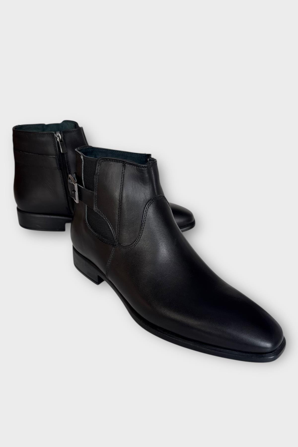 Hakiki Deri Kaydırmaz Kauçuk Taban Fermuarlı Sivri Burun Klasik Erkek Bot SİYAH - Görsel 4