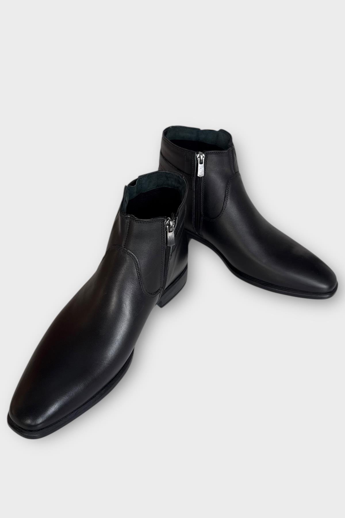 Hakiki Deri Kaydırmaz Kauçuk Taban Fermuarlı Sivri Burun Klasik Erkek Bot SİYAH - Görsel 5