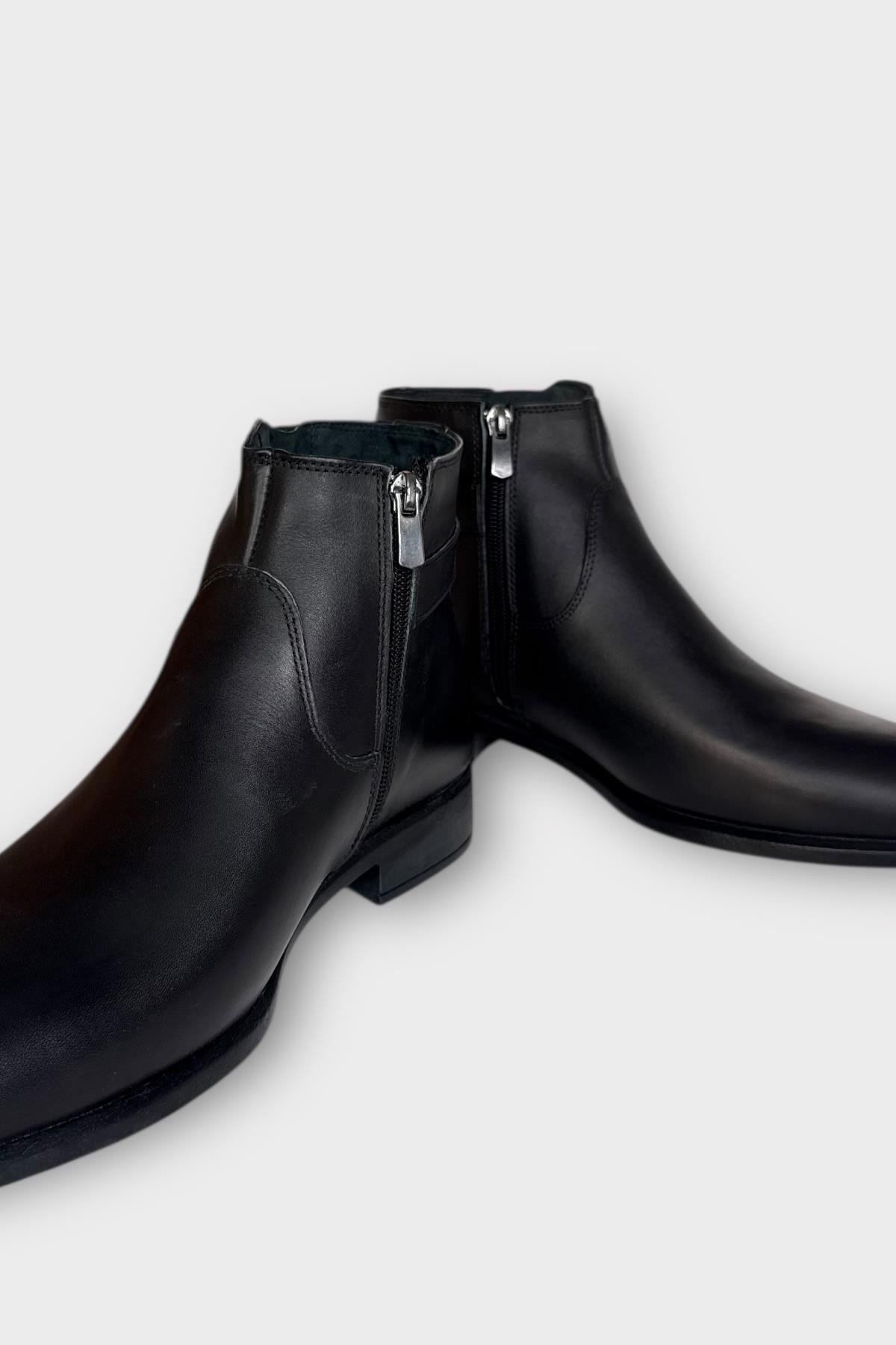Hakiki Deri Kaydırmaz Kauçuk Taban Fermuarlı Sivri Burun Klasik Erkek Bot SİYAH - Görsel 6