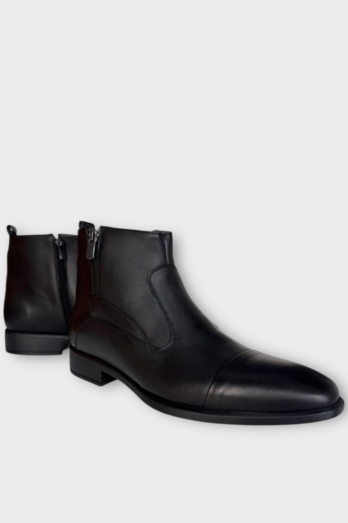 Hakiki Deri Kaydırmaz Kauçuk Taban Fermuarlı Sivri Burun Klasik Erkek Bot SİYAH - FÜME - Görsel 3