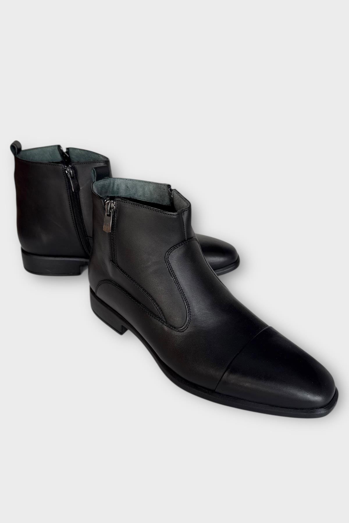 Hakiki Deri Kaydırmaz Kauçuk Taban Fermuarlı Sivri Burun Klasik Erkek Bot SİYAH - FÜME - Görsel 4