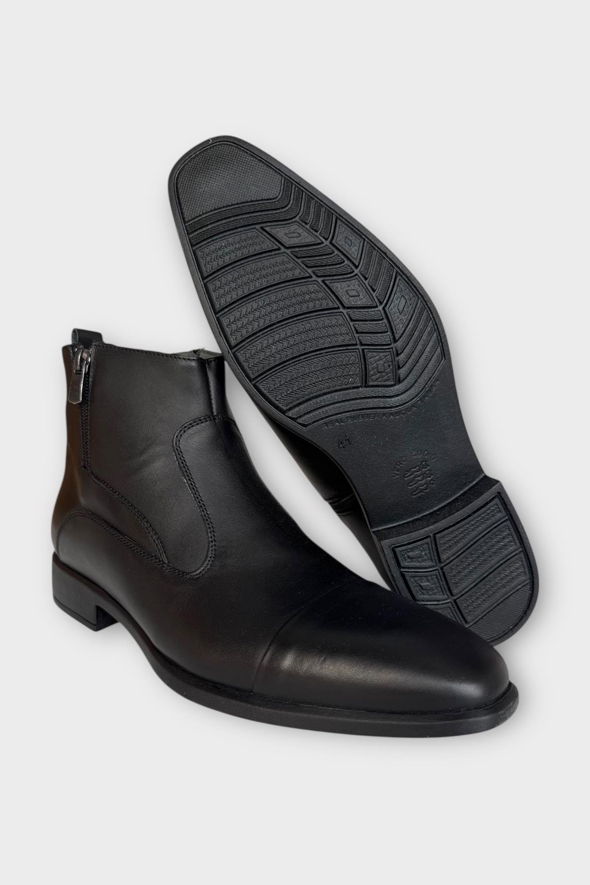 Hakiki Deri Kaydırmaz Kauçuk Taban Fermuarlı Sivri Burun Klasik Erkek Bot SİYAH - FÜME - Görsel 7