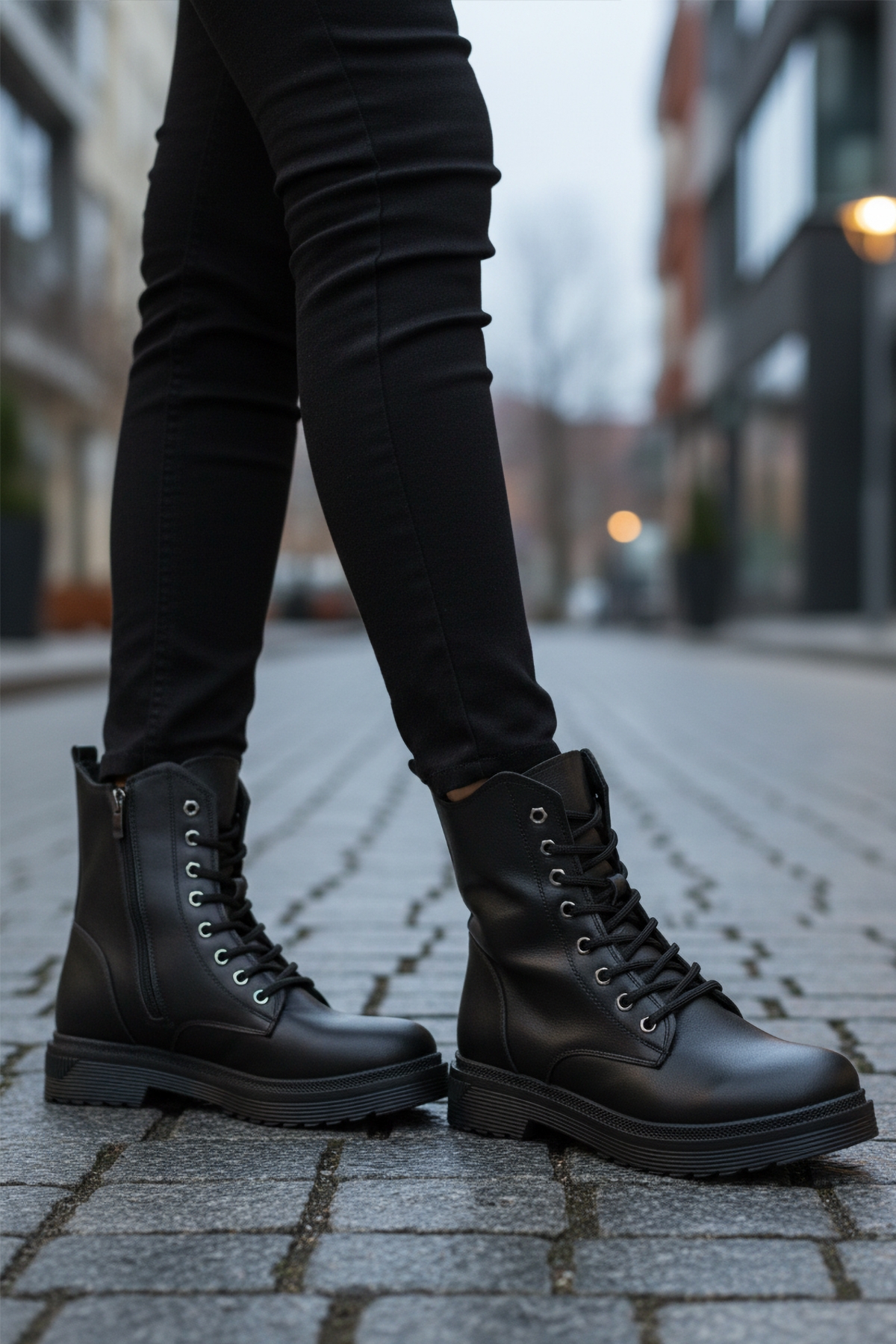 Aspor Siyah Kürklü Bağcıklı Fermuarlı Kadın Worker Bot - Görsel 4