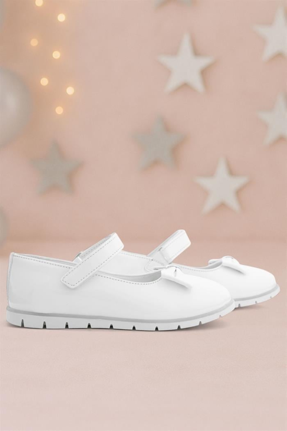 Beyaz Rugan Fiyonklu Cırtlı Kız Çocuk Babet - Görsel 2