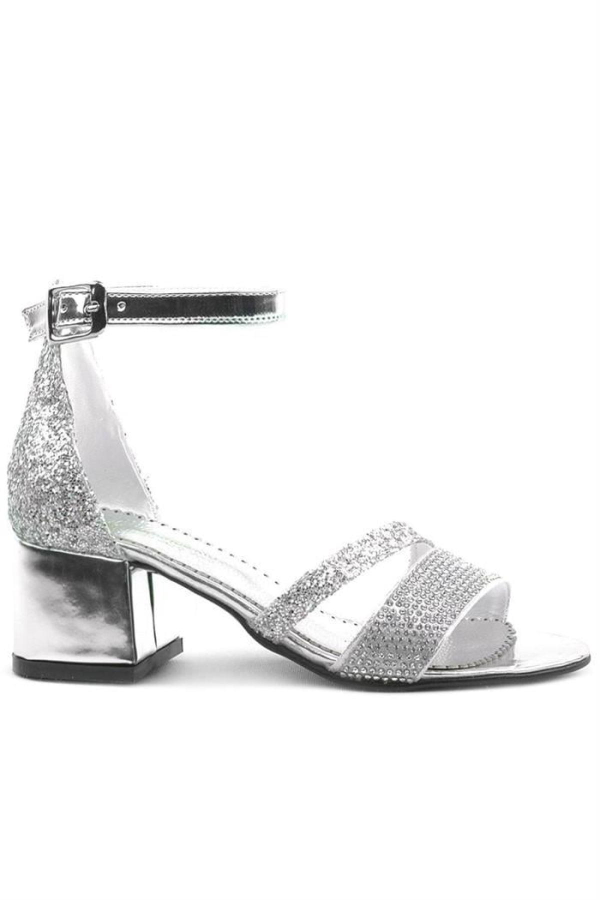 Anna Gümüş Simli Kalın Topuklu Bantlı Kız Çocuk Abiye Ayakkabı - Görsel 4