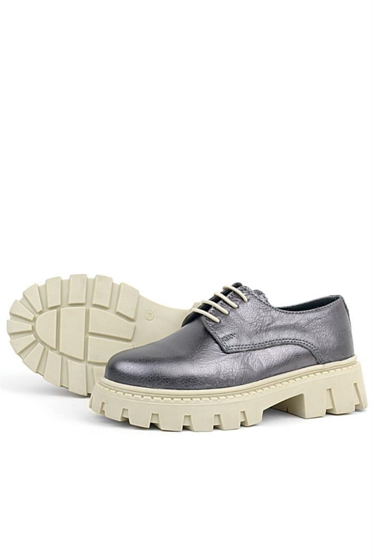Platin Hakiki Deri Bağcıklı Kız Çocuk Oxford Okul Ayakkabı - Görsel 6