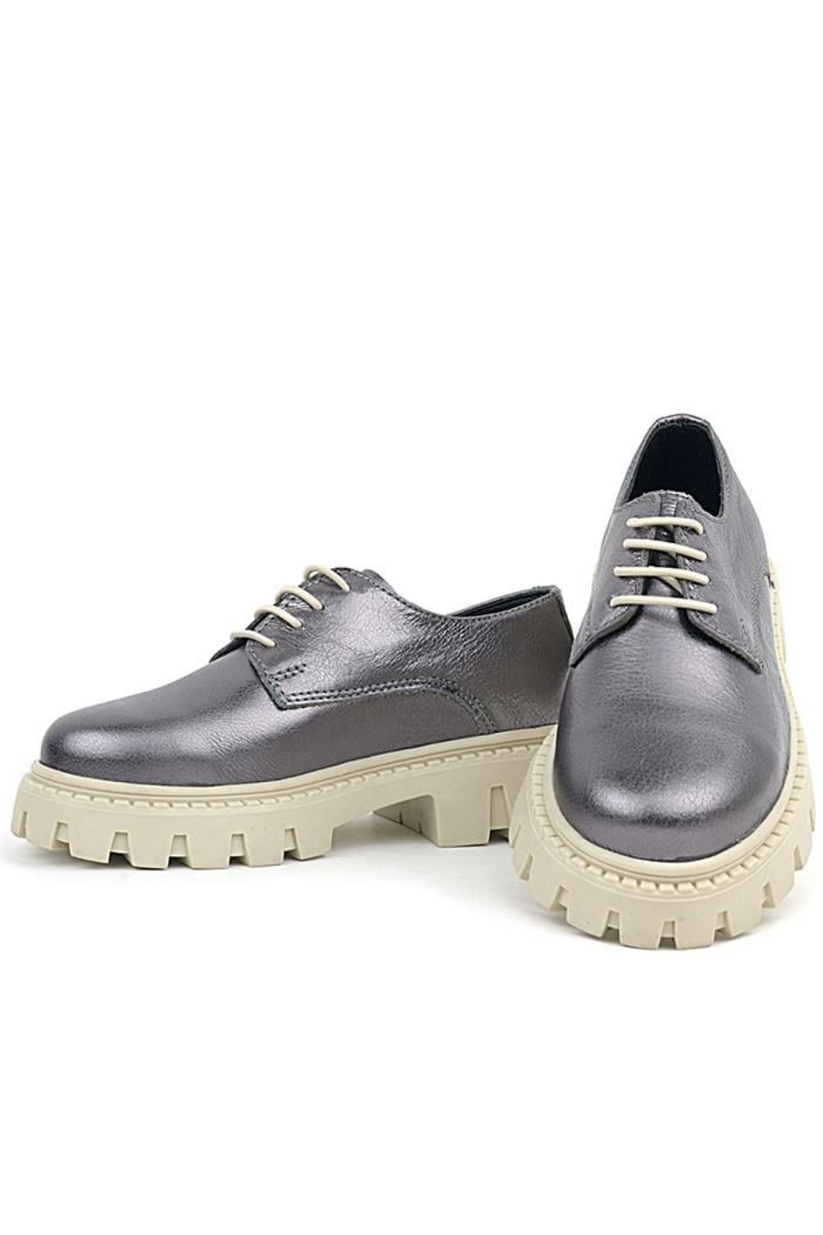 Platin Hakiki Deri Bağcıklı Kız Çocuk Oxford Okul Ayakkabı - Görsel 7