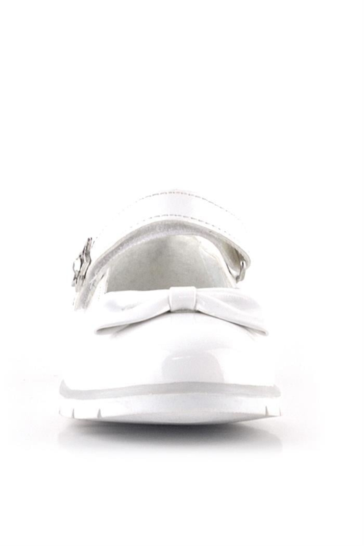 Beyaz Rugan Fiyonklu Yıldız Detaylı Cırtlı Kız Çocuk Babet - Görsel 4