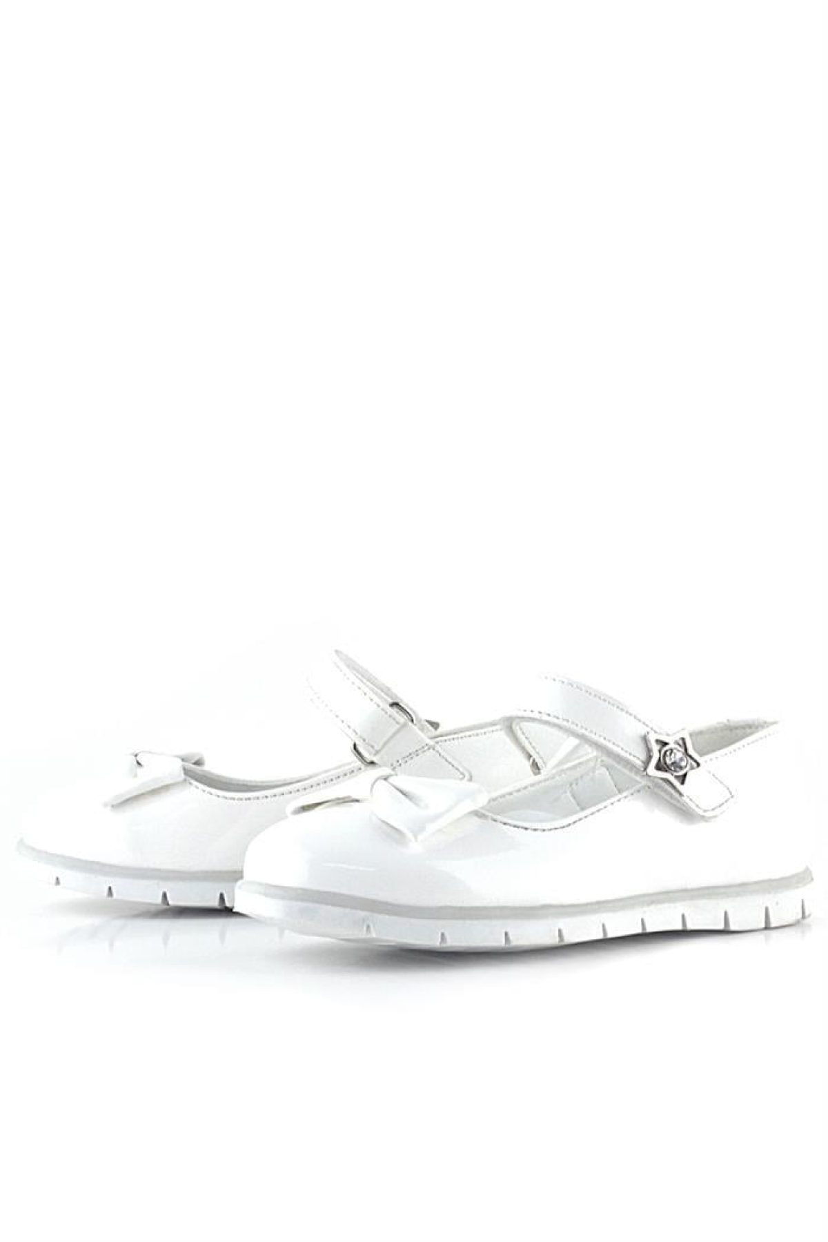 Beyaz Rugan Fiyonklu Yıldız Detaylı Cırtlı Kız Çocuk Babet - Görsel 6