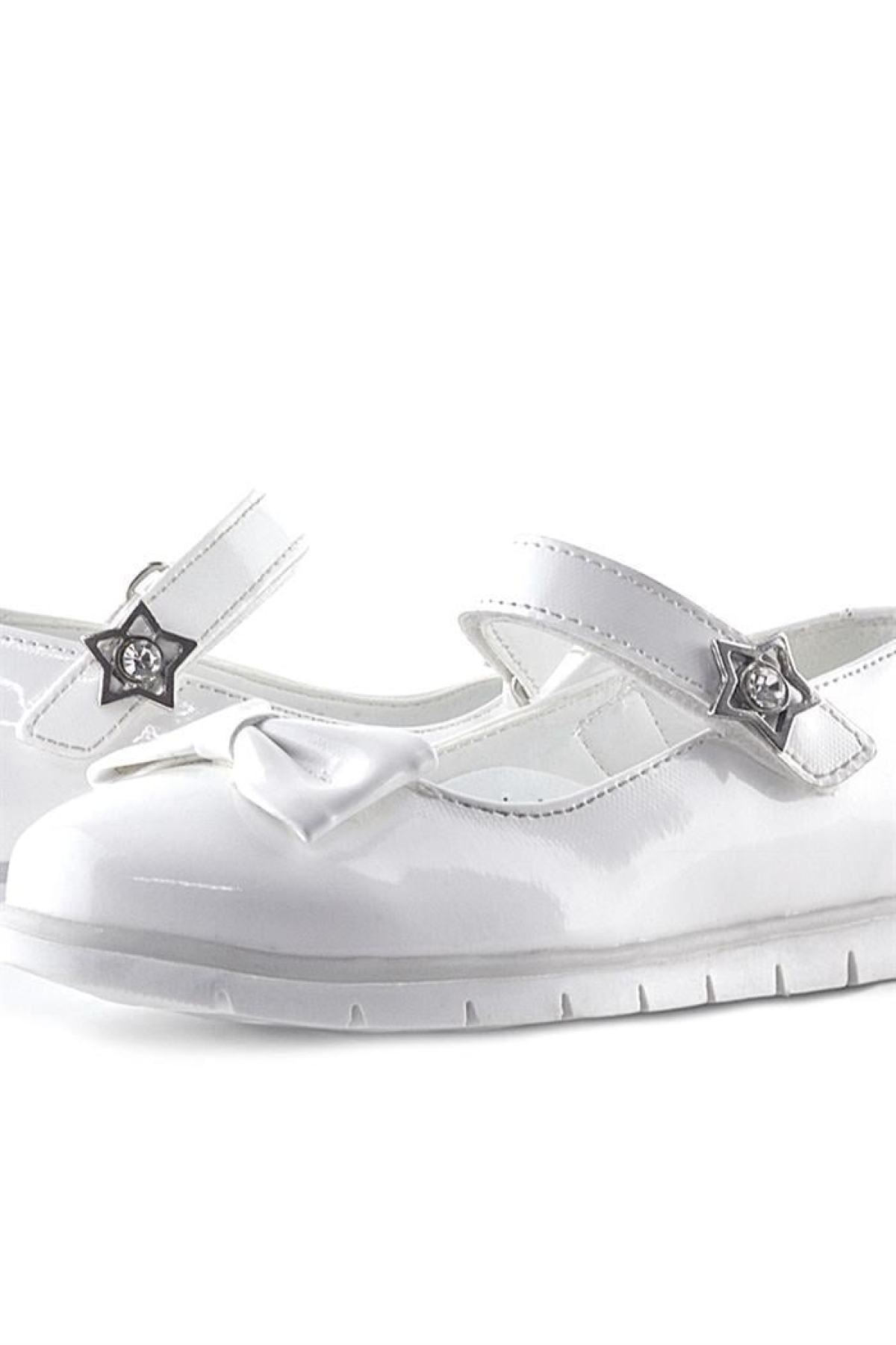 Beyaz Rugan Fiyonklu Yıldız Detaylı Cırtlı Kız Çocuk Babet - Görsel 9