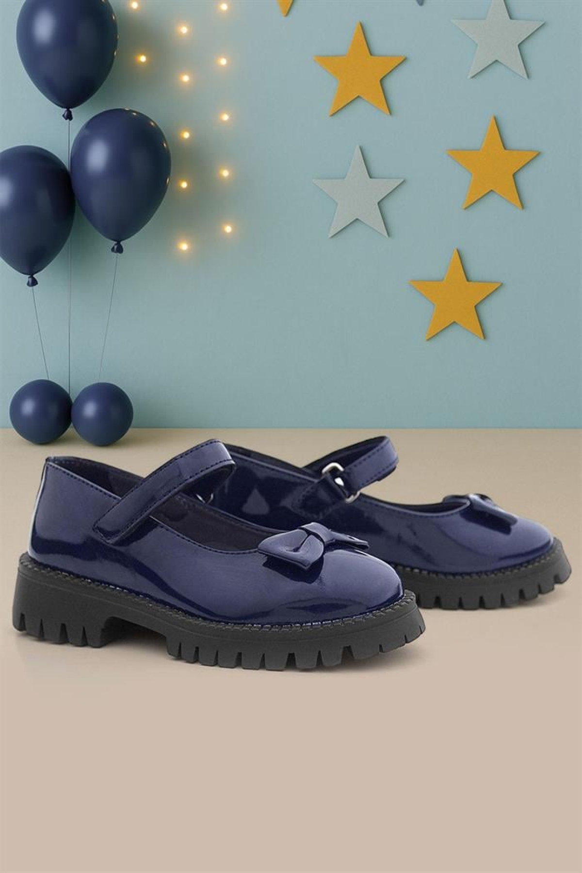 Lacivert Rugan Kalın Tabanlı Cırtlı Kız Çocuk Babet - Görsel 2