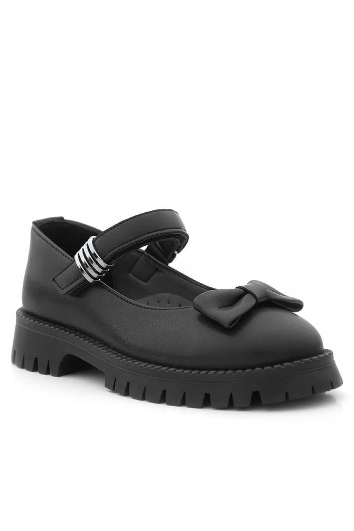 Siyah Mat Kalın Tabanlı Metal Detaylı Cırtlı Kız Çocuk Babet - Görsel 3