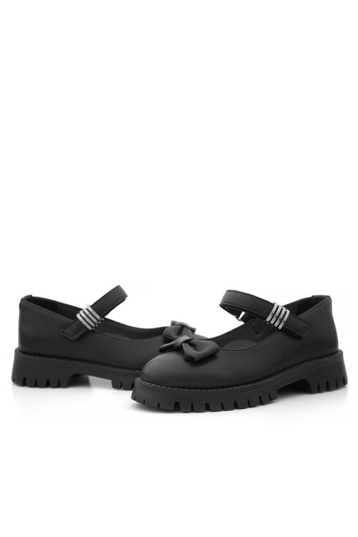 Siyah Mat Kalın Tabanlı Metal Detaylı Cırtlı Kız Çocuk Babet - Görsel 9