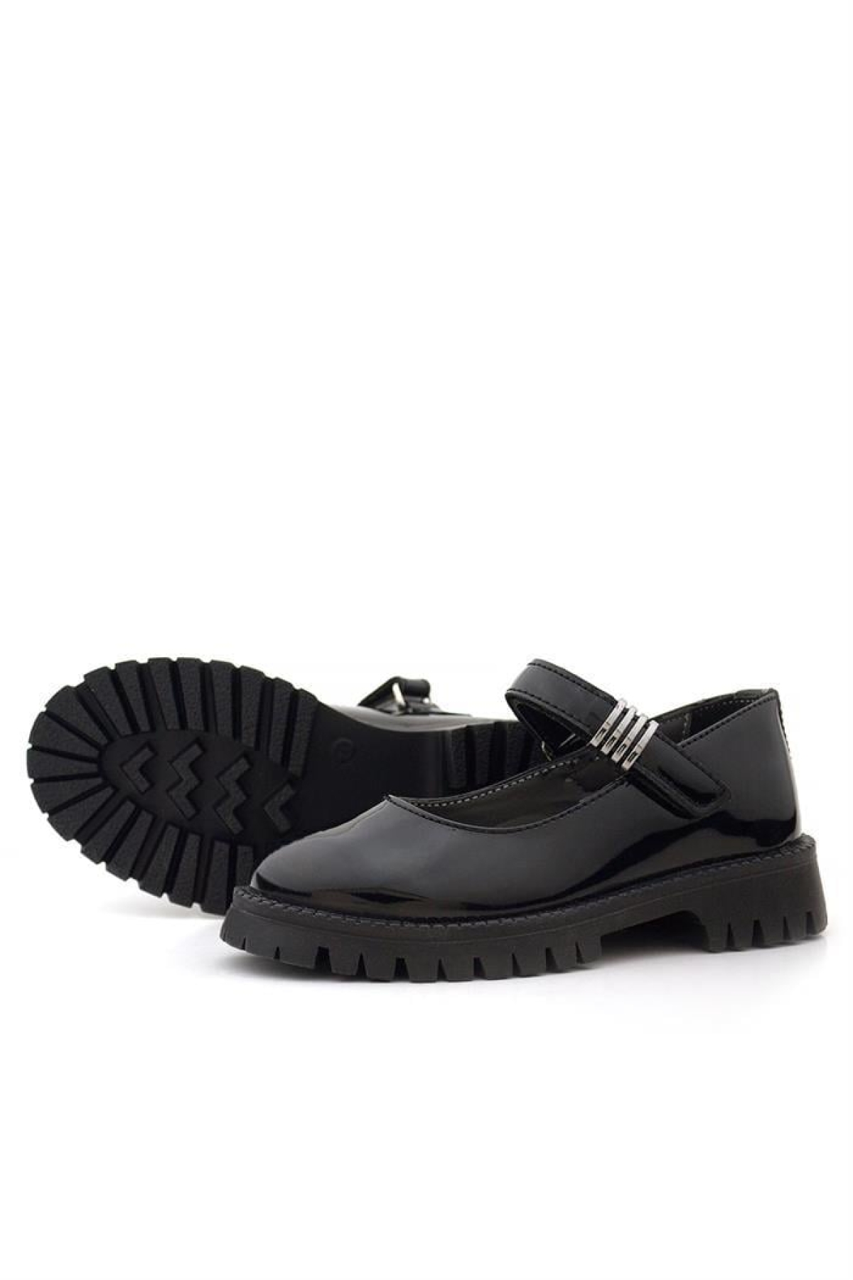 Siyah Rugan Cırtlı Kalın Tabanlı Metal Detaylı Kız Çocuk Okul Ayakkabısı - Görsel 8