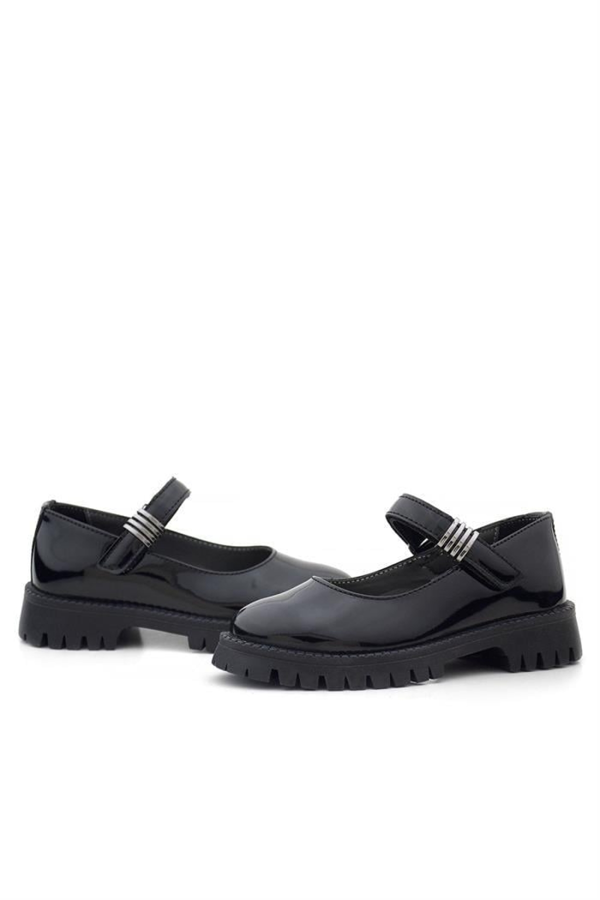 Siyah Rugan Cırtlı Kalın Tabanlı Metal Detaylı Kız Çocuk Okul Ayakkabısı - Görsel 9