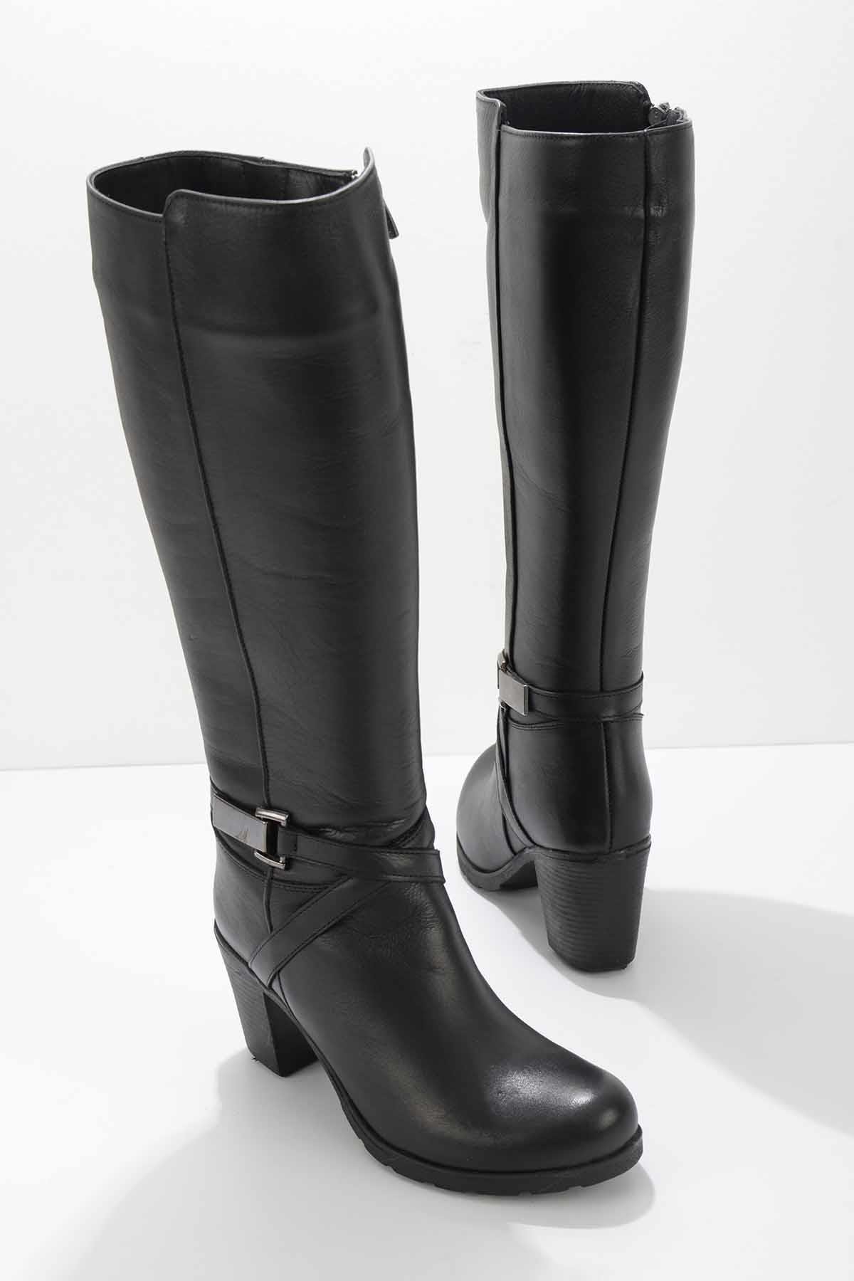 Diz Altı Tokalı Topuklu Hakiki Deri Kadın Çizme - Görsel 3