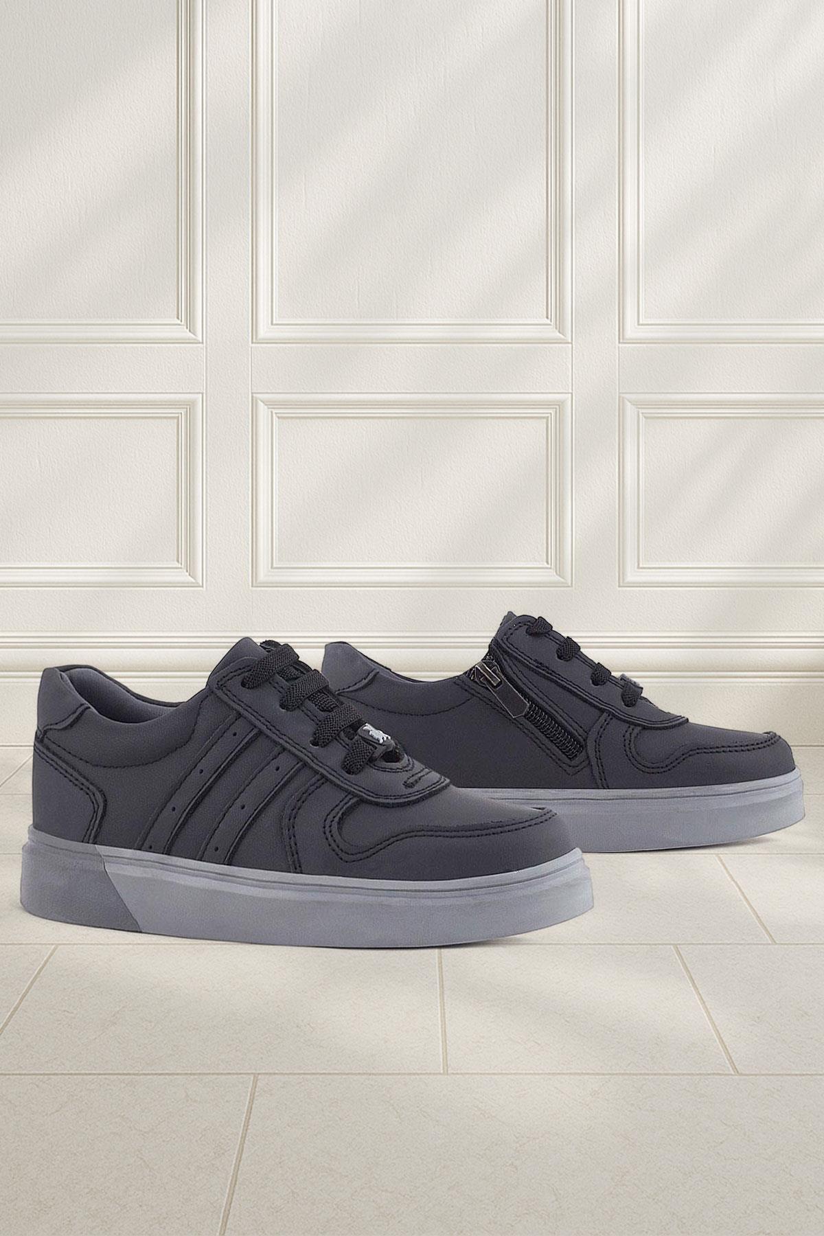 Hakiki Deri Siyah Gri Tabanlı Günlük Erkek Çocuk Okul Ayakkabısı - Görsel 2