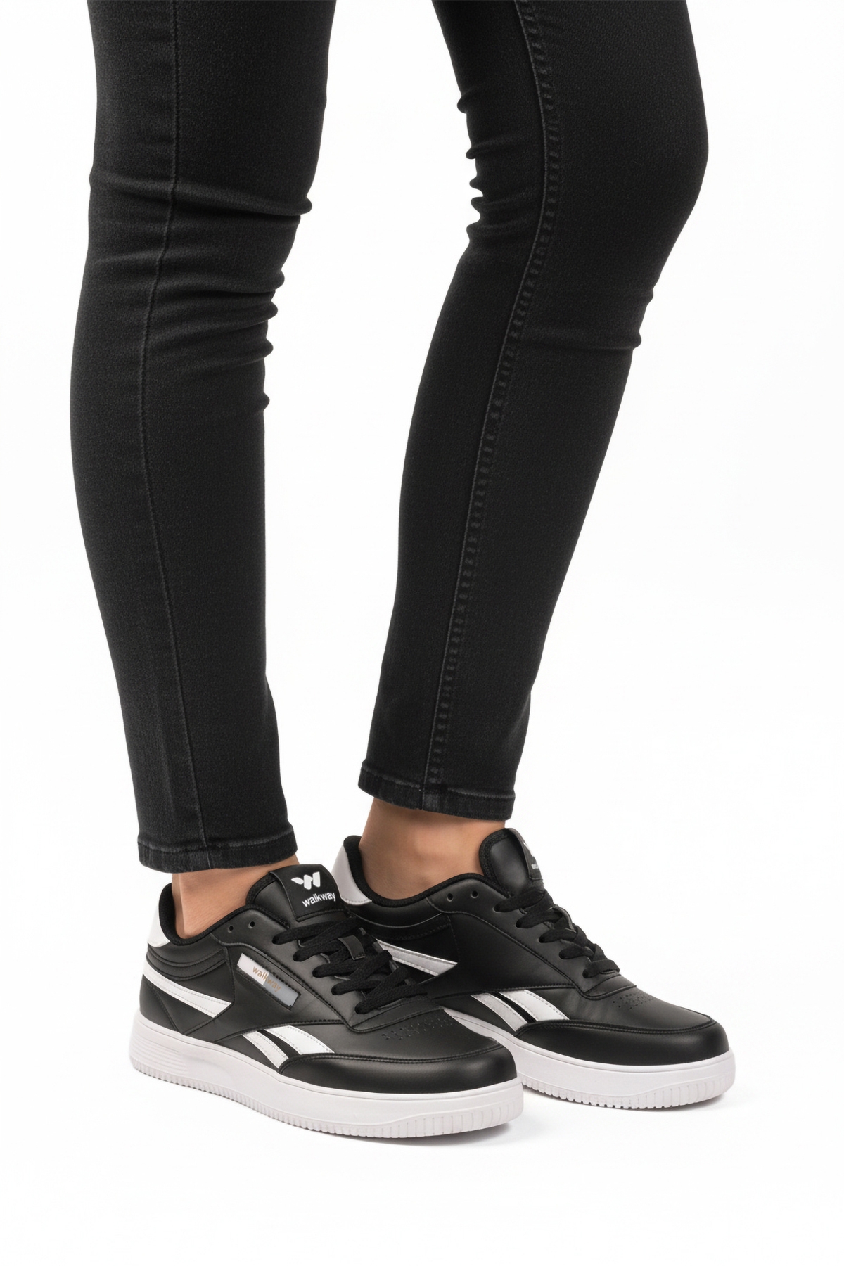 Siyah Beyaz Bağcıklı Hafif Cilt Unisex Spor Ayakkabı Marlow G - Görsel 2