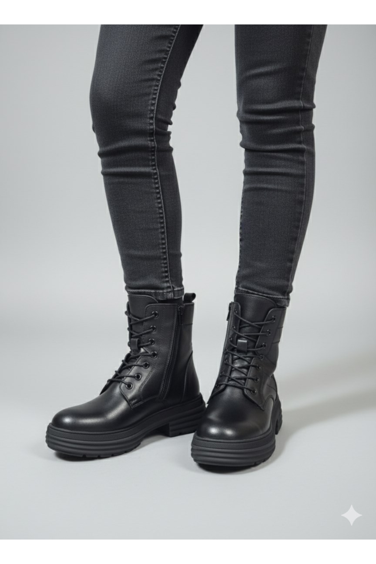 Bağcıklı Fermuarlı Kalın Taban Kaymaz Hakiki Deri Kadın Bot Z328 - Görsel 2