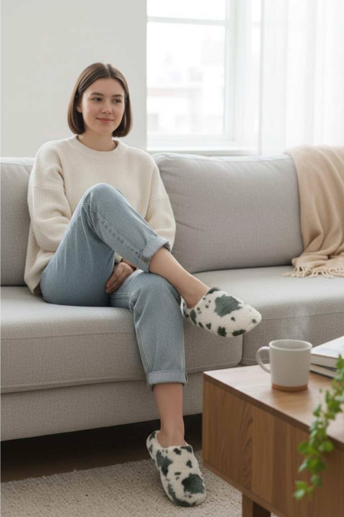 Kadın Tüylü Pofuduk Ev Terliği Ses Yapmayan Yumuşak Rahat Kauçuk Taban İçi Yünlü Kışlık Terlik - Görsel 2