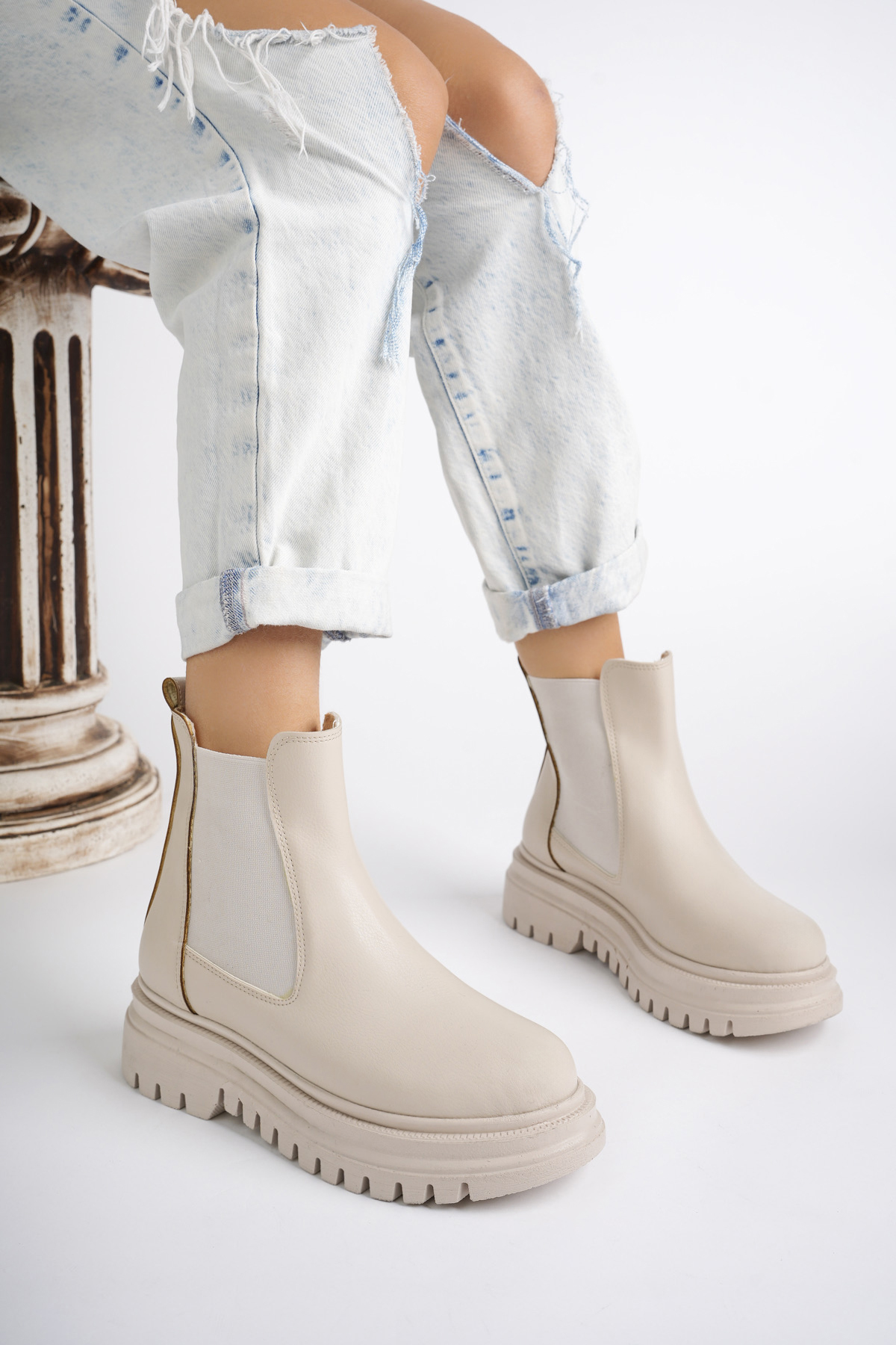 Su Geçirmez İçi Kürklü Yüksek Taban Yanlar Lastikli Çok Hafif Taban Garantili Kı Bej - Görsel 2