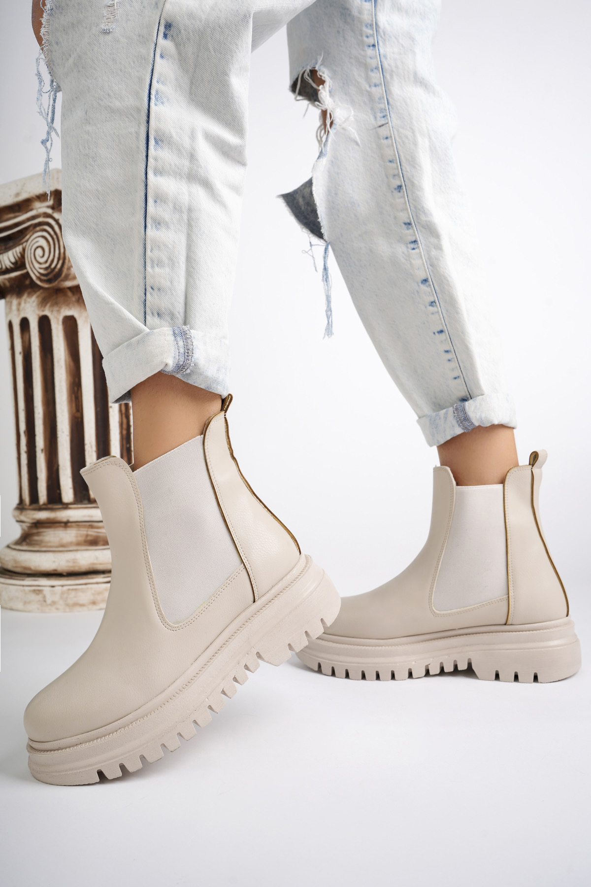 Su Geçirmez İçi Kürklü Yüksek Taban Yanlar Lastikli Çok Hafif Taban Garantili Kı Bej - Görsel 4