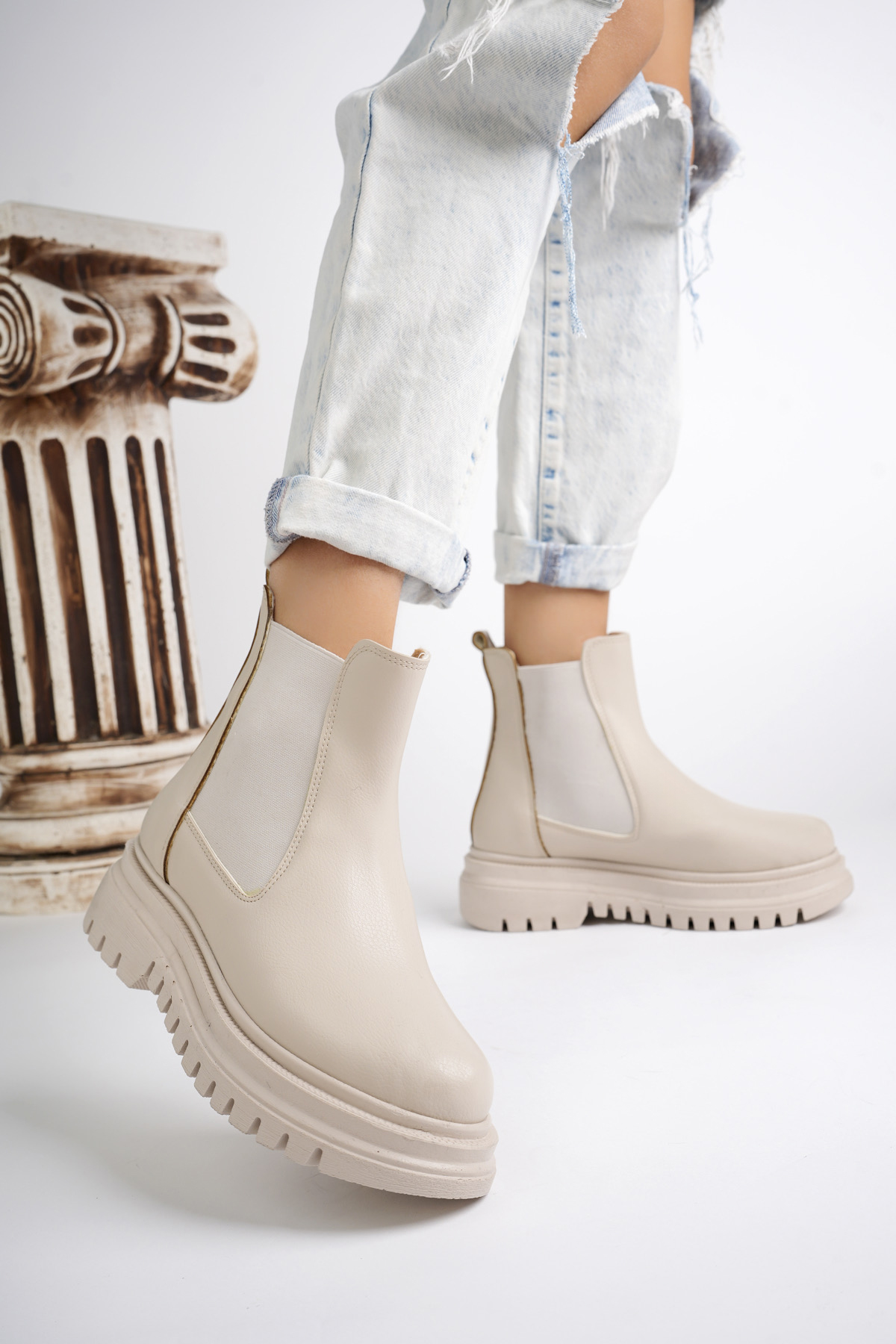 Su Geçirmez İçi Kürklü Yüksek Taban Yanlar Lastikli Çok Hafif Taban Garantili Kı Bej - Görsel 6