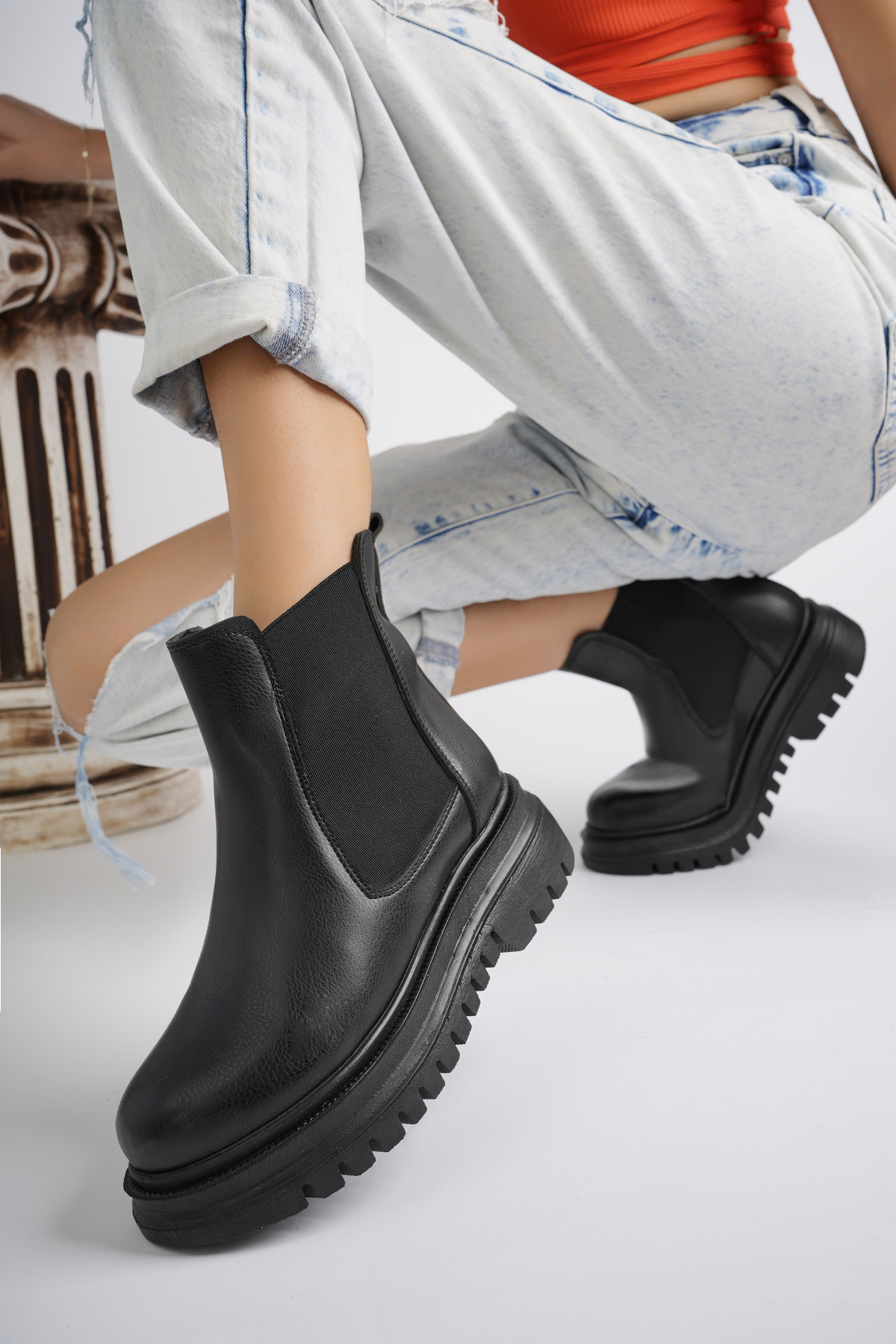 Su Geçirmez İçi Kürklü Yüksek Taban Yanlar Lastikli Çok Hafif Taban Garantili Kı Siyah - Görsel 5