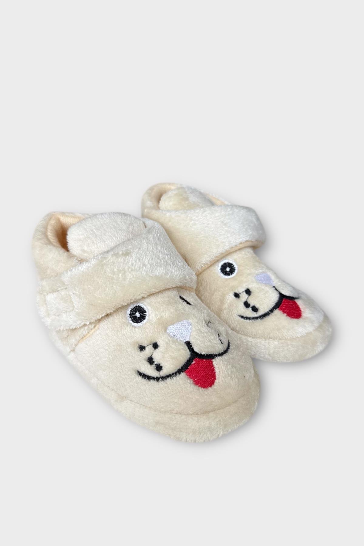 Çocuk Cırtlı Kaydırmaz Taban Anaokulu Kreş Ev Ayakkabısı Panduf KREM - Görsel 2